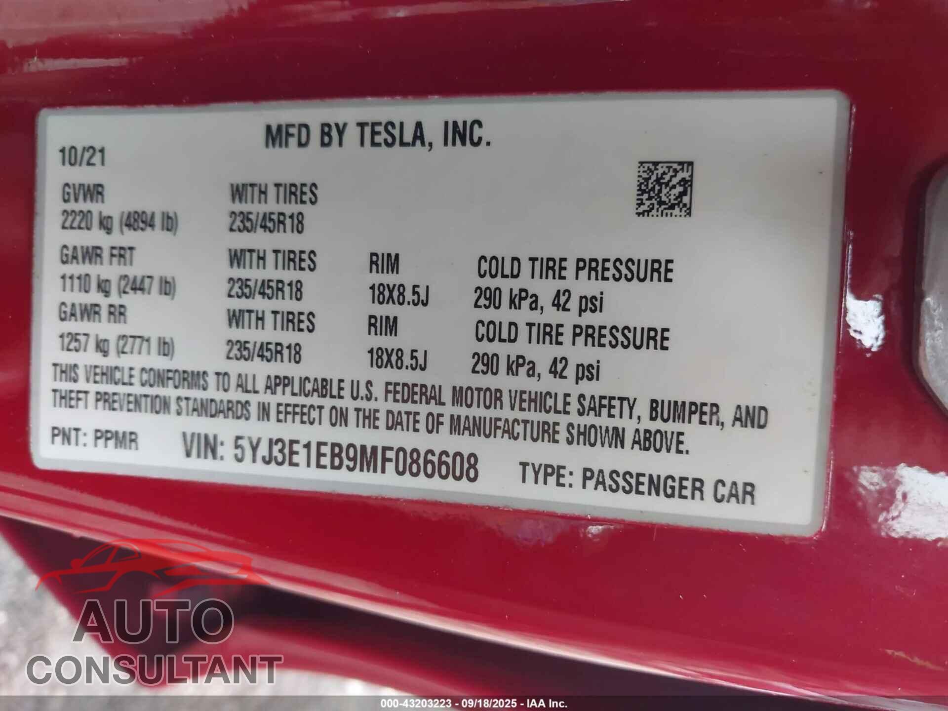TESLA MODEL 3 2021 - 5YJ3E1EB9MF086608