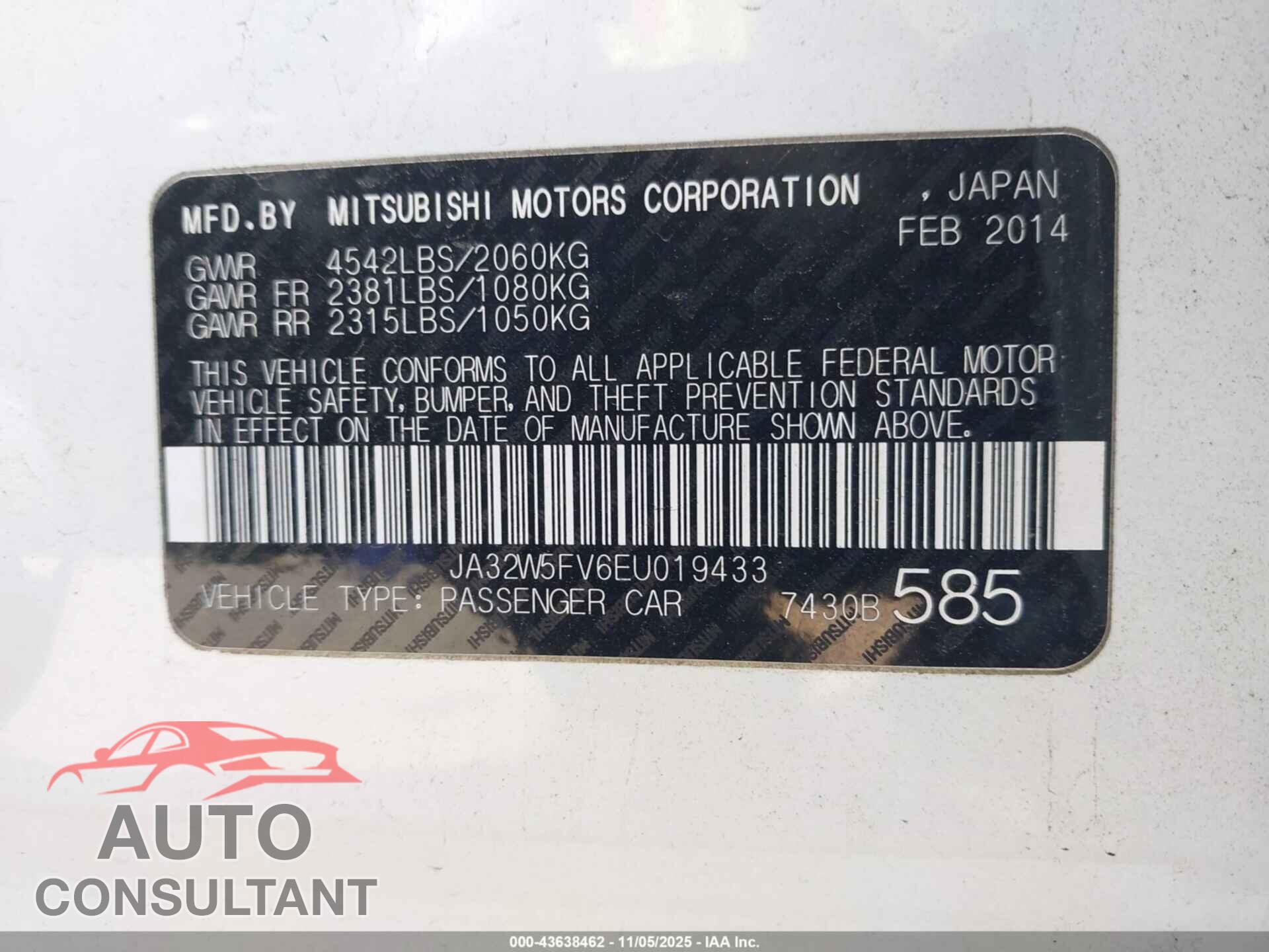 MITSUBISHI LANCER EVOLUTION 2014 - JA32W5FV6EU019433