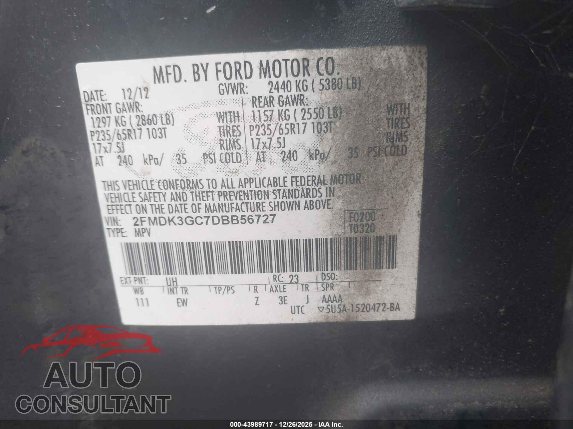FORD EDGE 2013 - 2FMDK3GC7DBB56727
