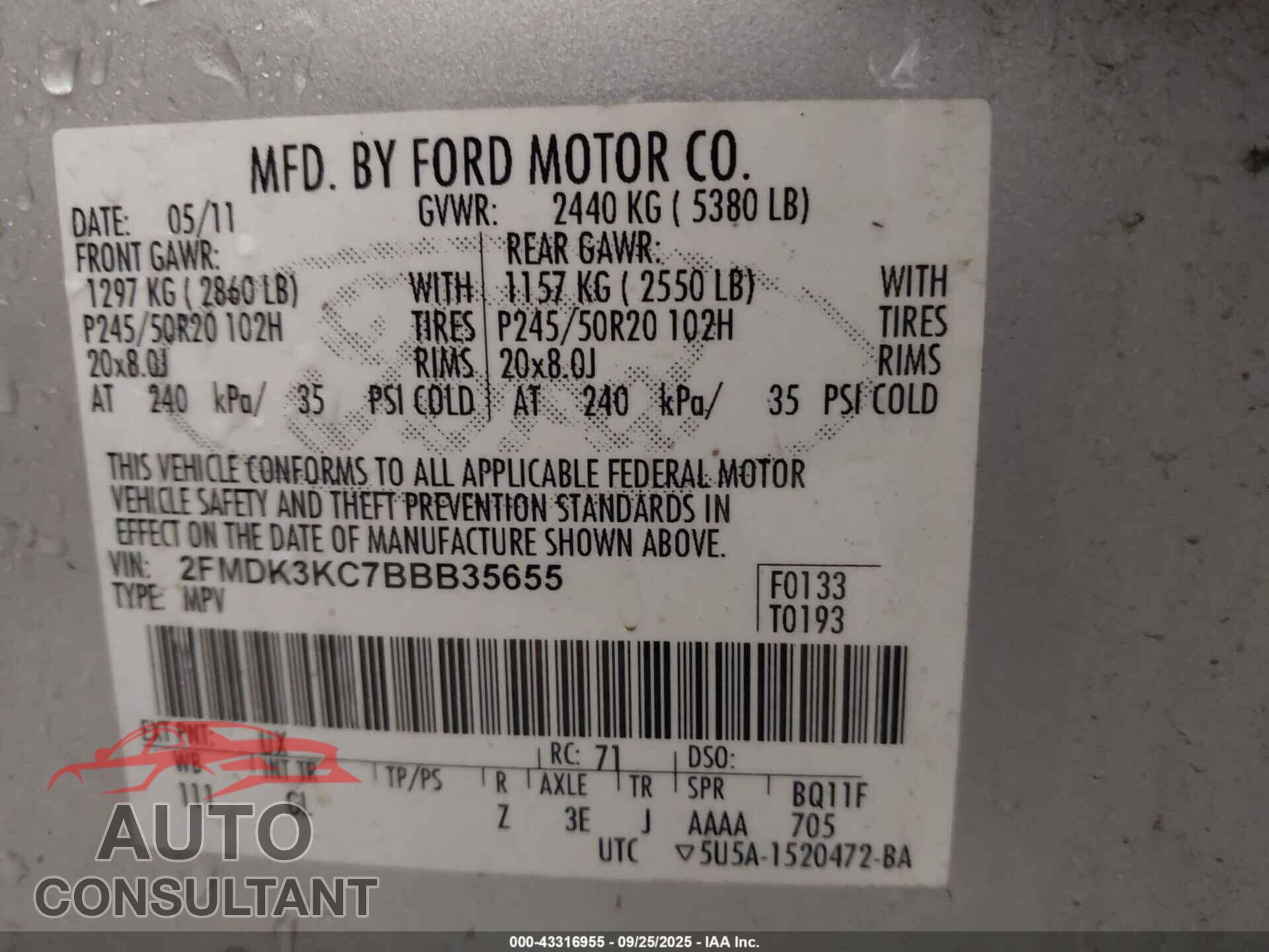 FORD EDGE 2011 - 2FMDK3KC7BBB35655
