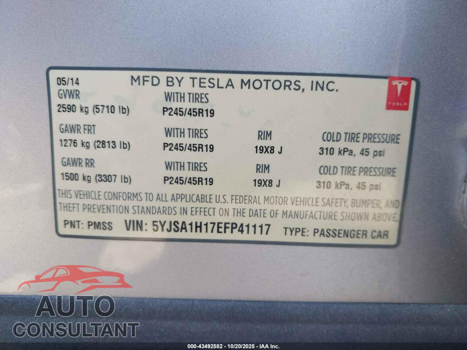 TESLA MODEL S 2014 - 5YJSA1H17EFP41117