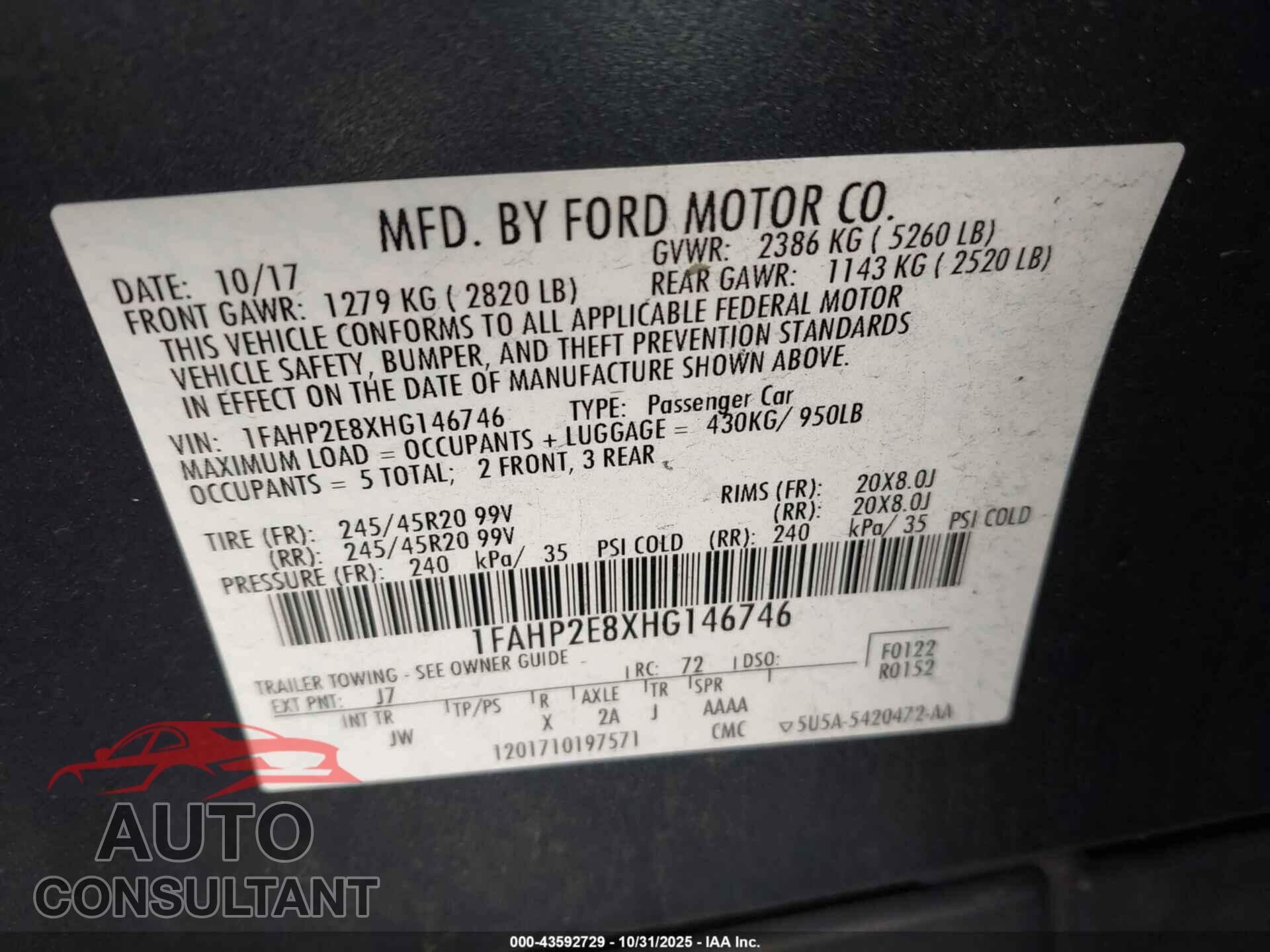 FORD TAURUS 2017 - 1FAHP2E8XHG146746