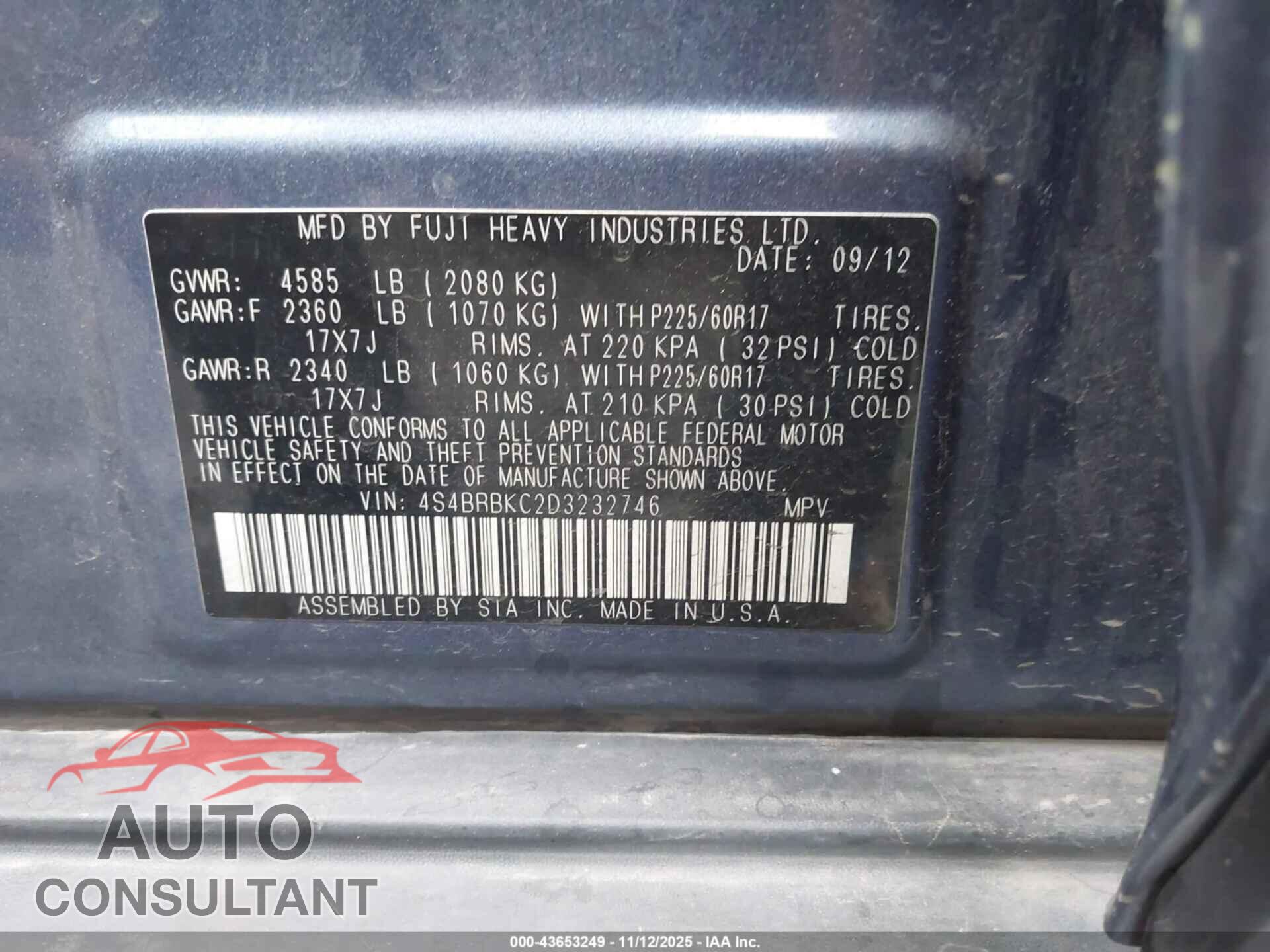 SUBARU OUTBACK 2013 - 4S4BRBKC2D3232746