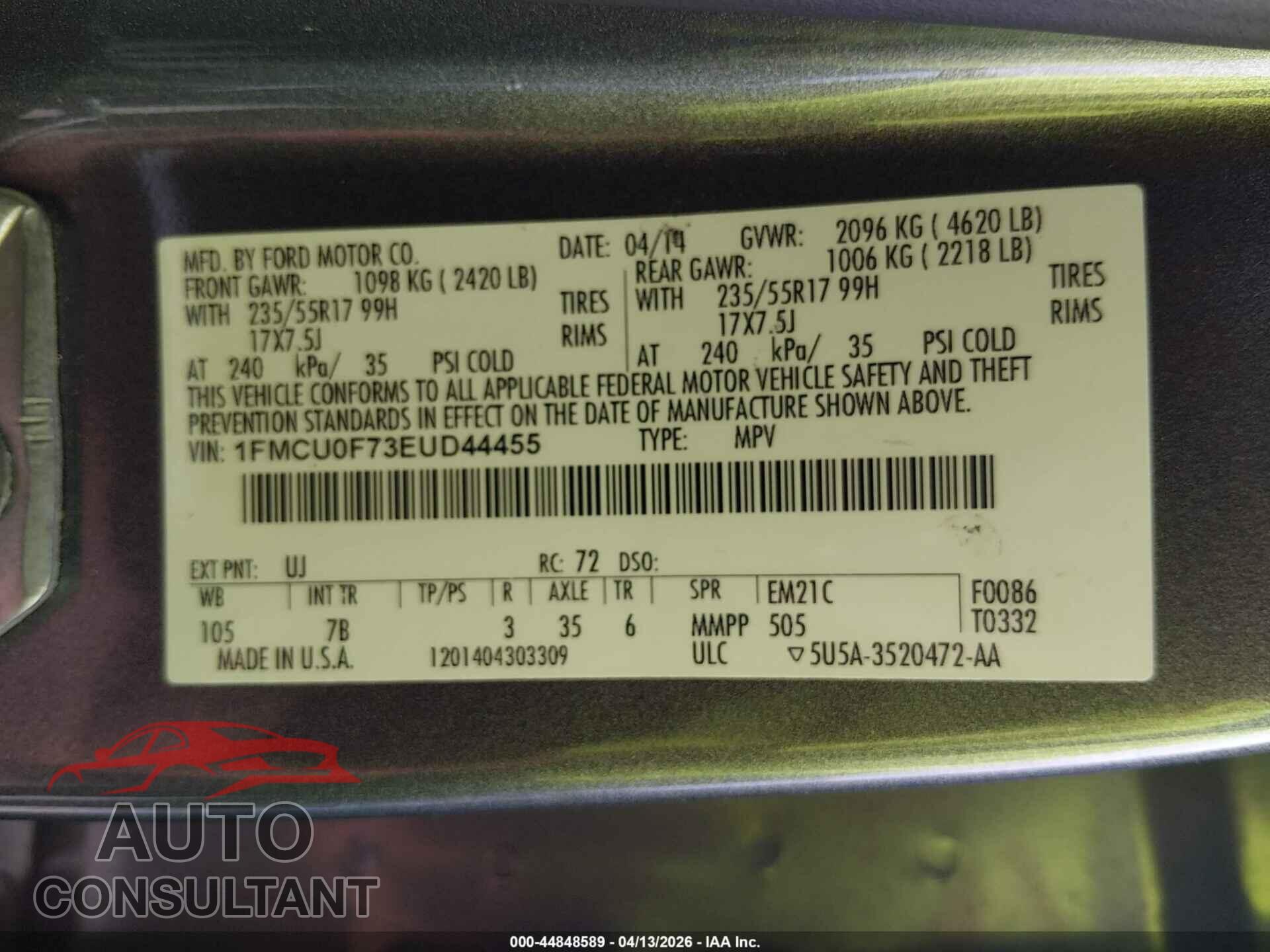 FORD ESCAPE 2014 - 1FMCU0F73EUD44455