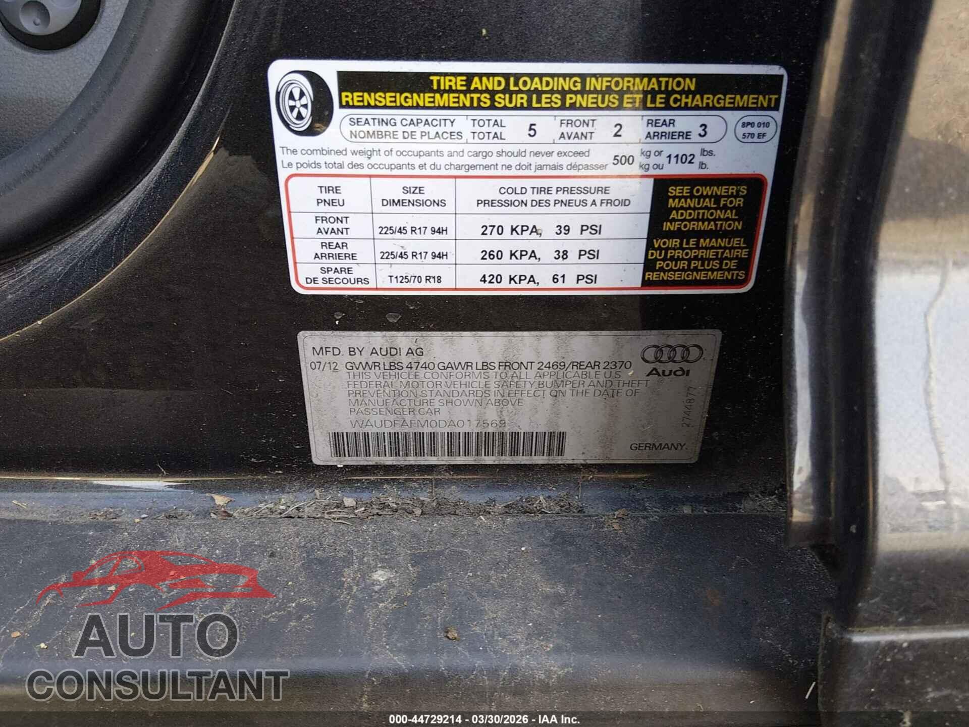 AUDI A3 2013 - WAUDFAFM0DA017569