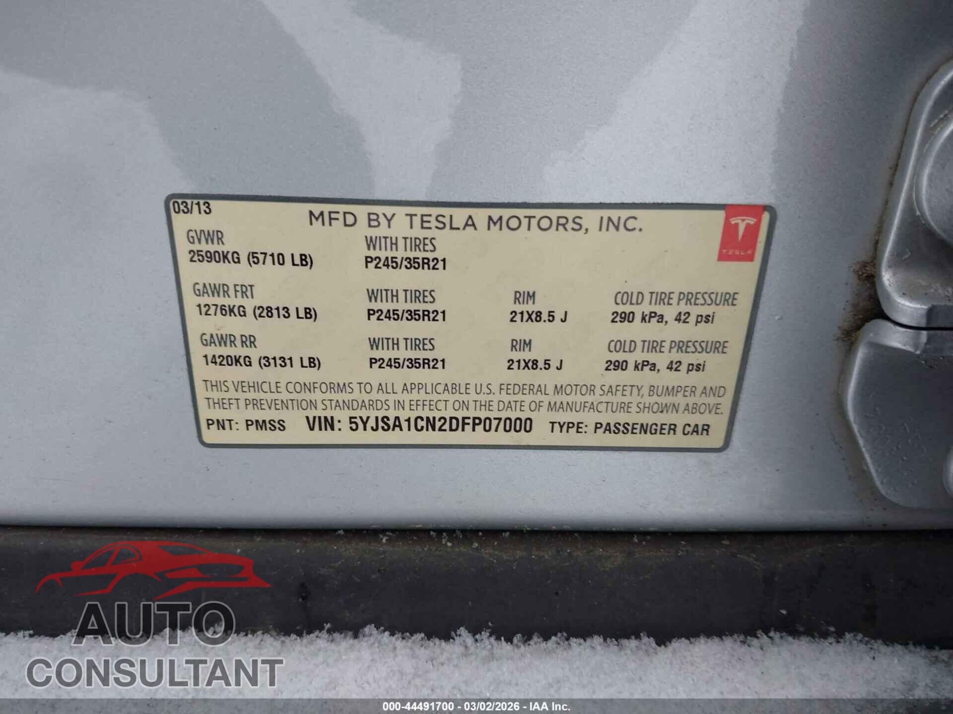 TESLA MODEL S 2013 - 5YJSA1CN2DFP07000