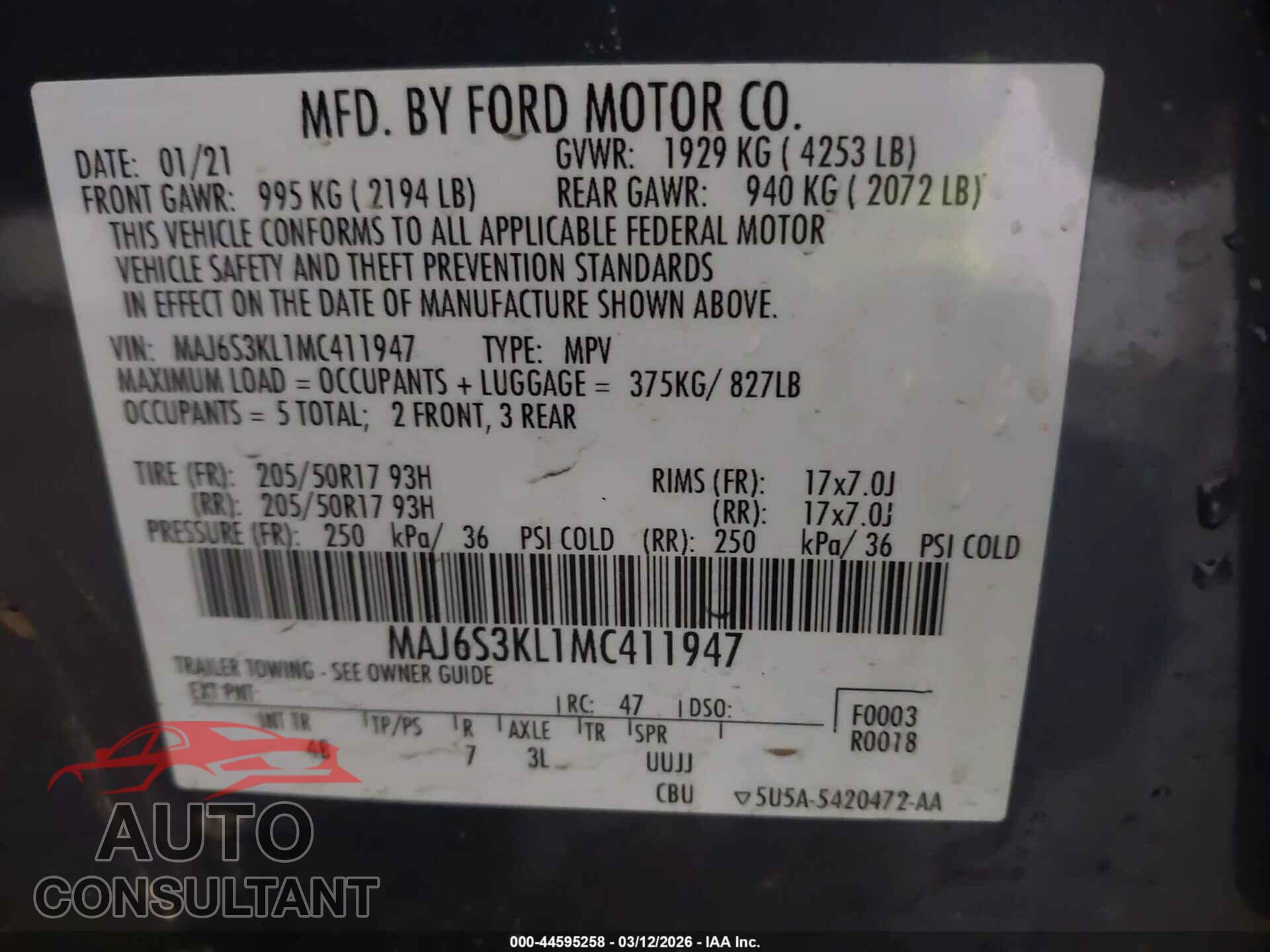 FORD ECOSPORT 2021 - MAJ6S3KL1MC411947