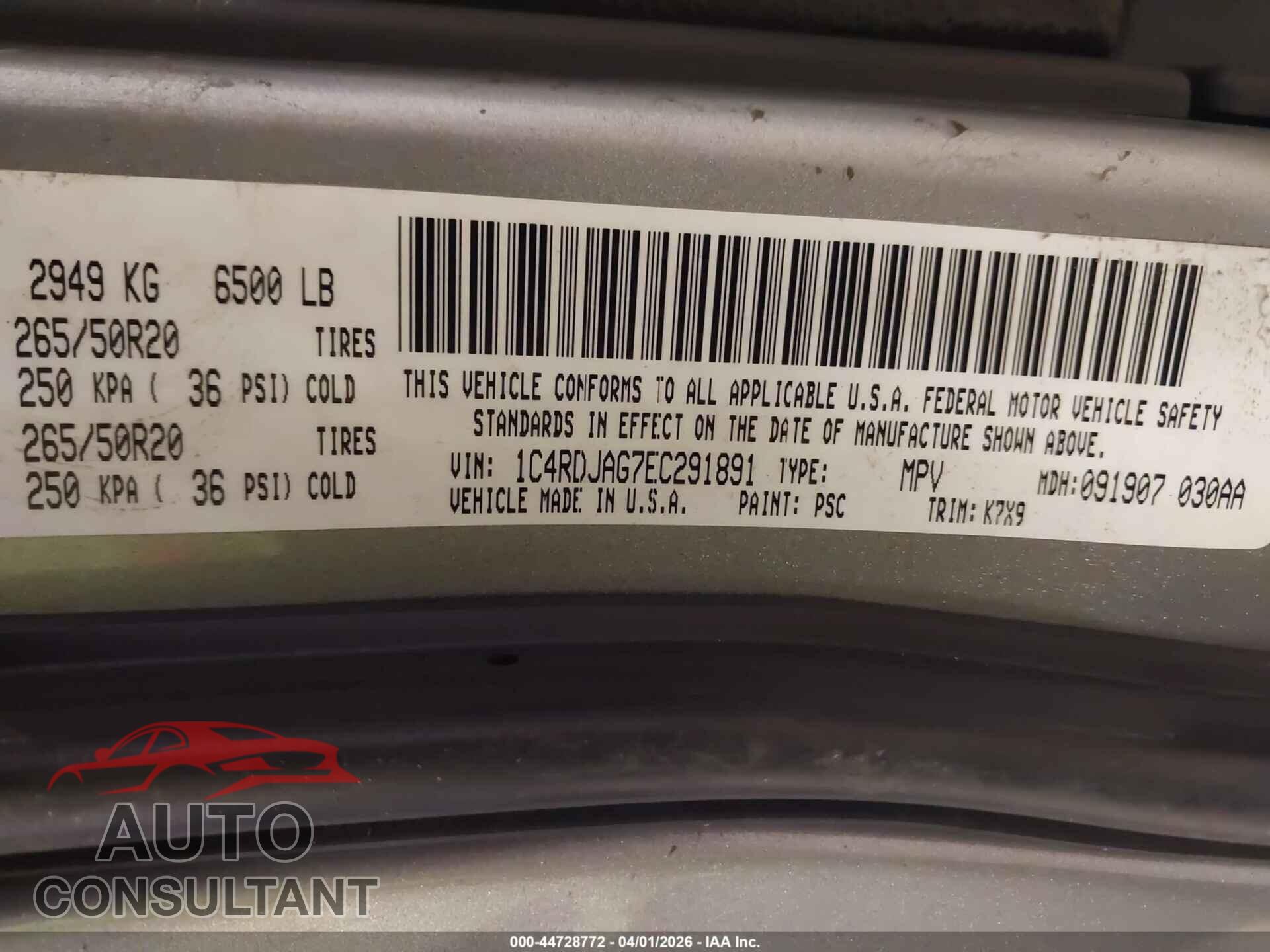 DODGE DURANGO 2014 - 1C4RDJAG7EC291891