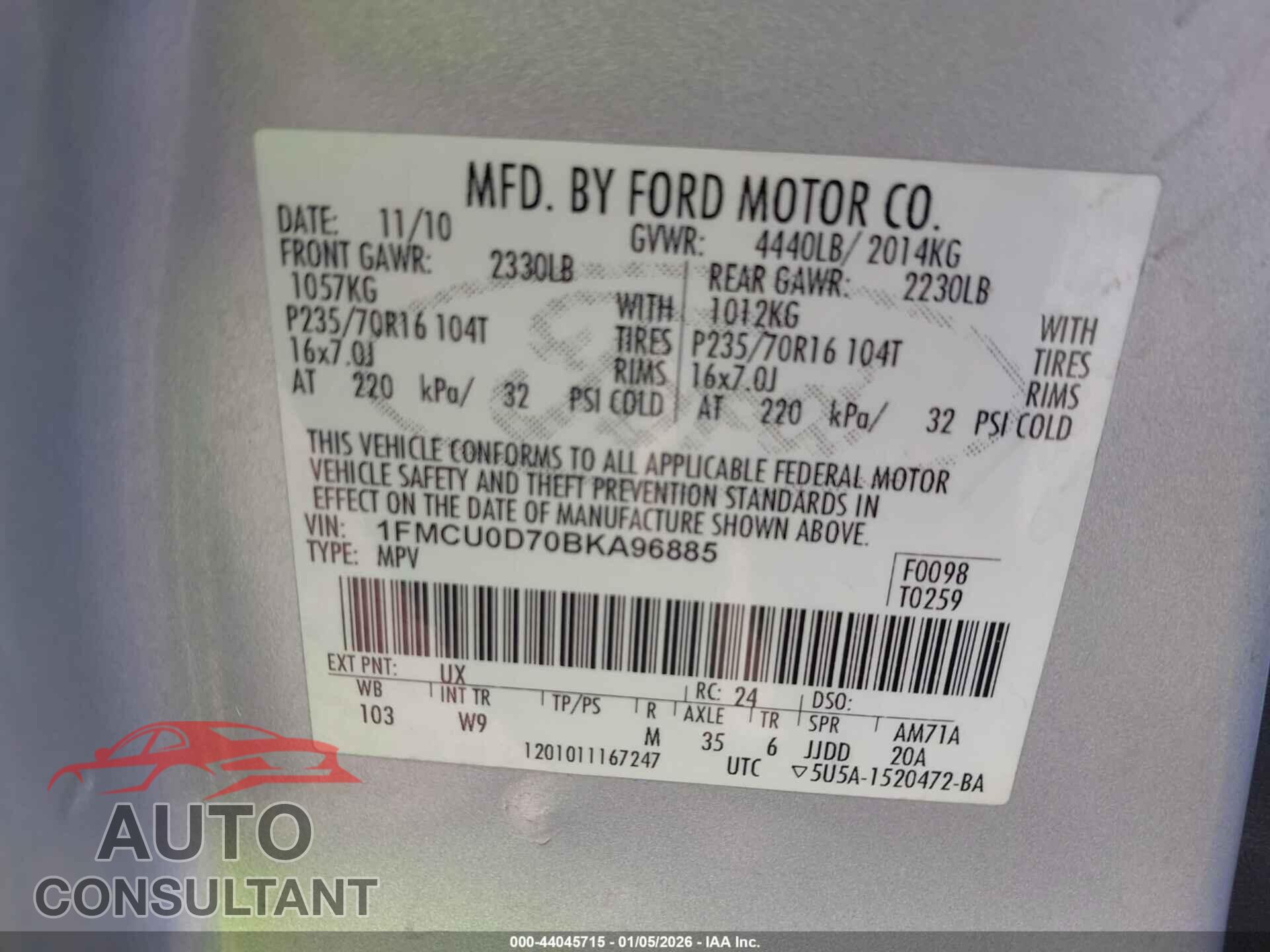 FORD ESCAPE 2011 - 1FMCU0D70BKA96885