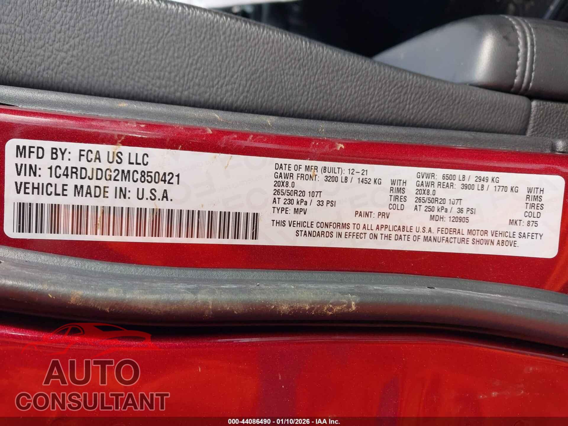 DODGE DURANGO 2021 - 1C4RDJDG2MC850421