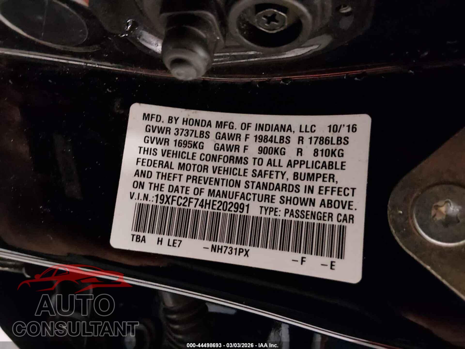 HONDA CIVIC 2017 - 19XFC2F74HE202991