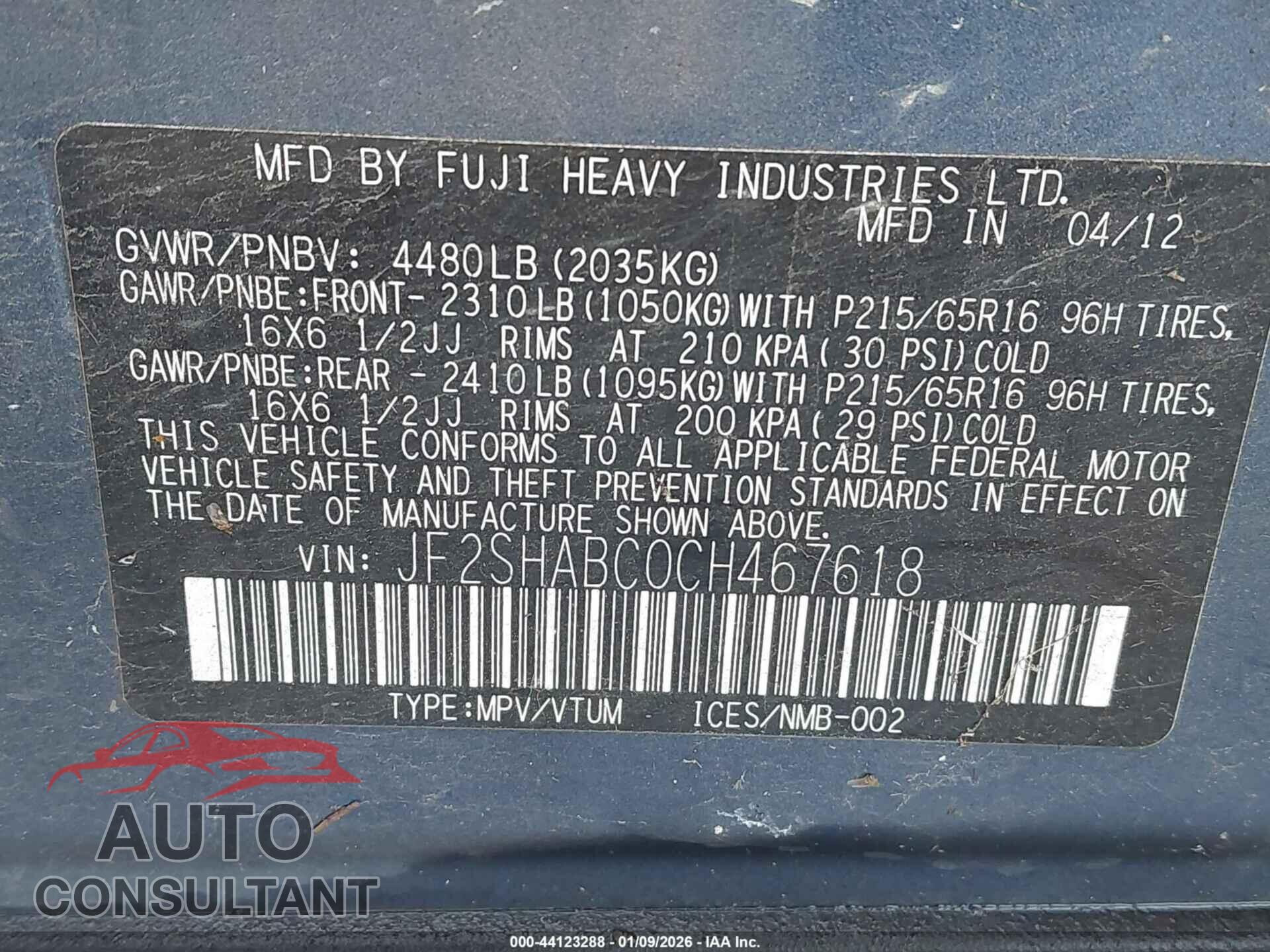 SUBARU FORESTER 2012 - JF2SHABC0CH467618