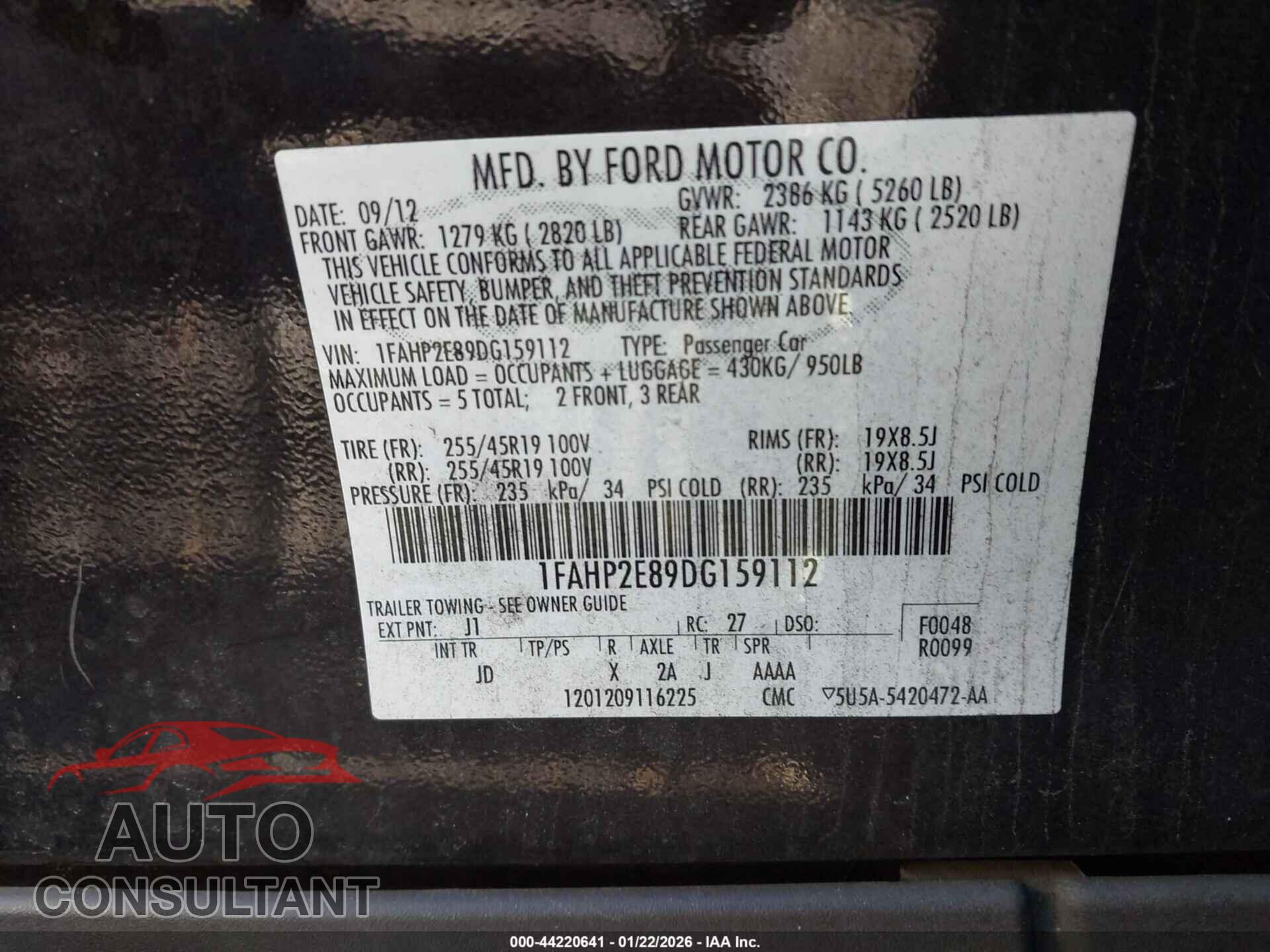 FORD TAURUS 2013 - 1FAHP2E89DG159112