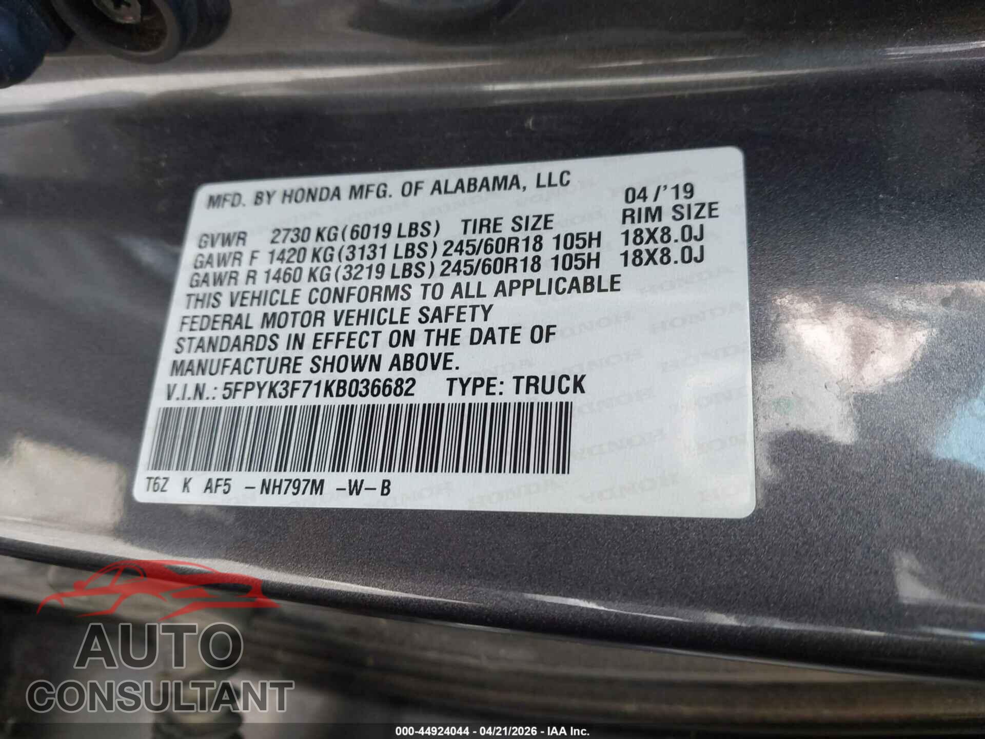 HONDA RIDGELINE 2019 - 5FPYK3F71KB036682