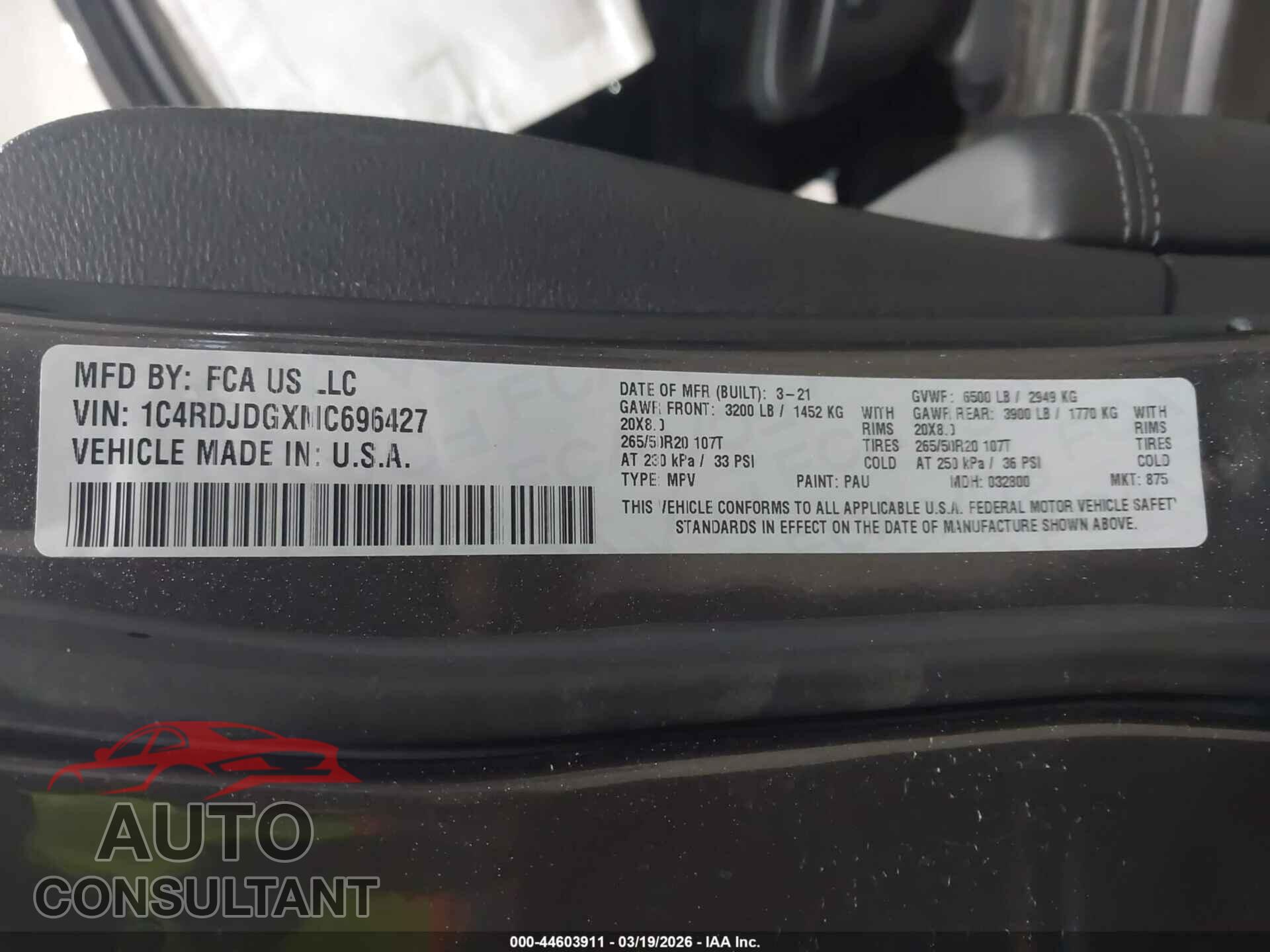 DODGE DURANGO 2021 - 1C4RDJDGXMC696427