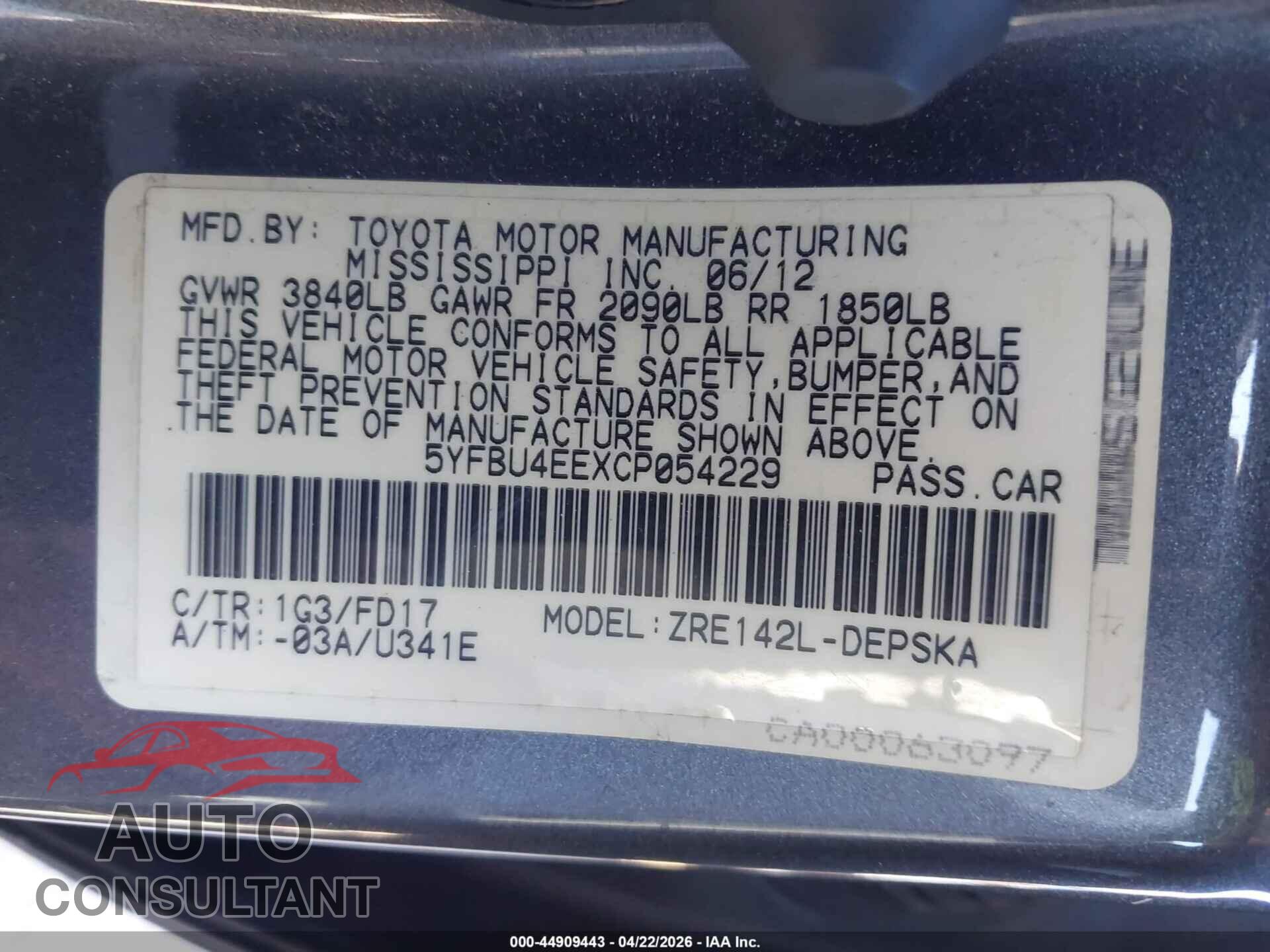 TOYOTA COROLLA 2012 - 5YFBU4EEXCP054229
