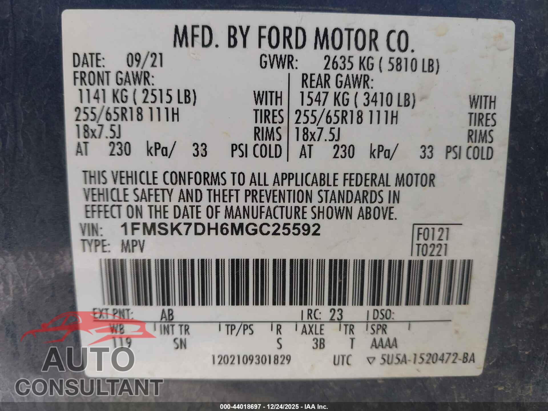 FORD EXPLORER 2021 - 1FMSK7DH6MGC25592