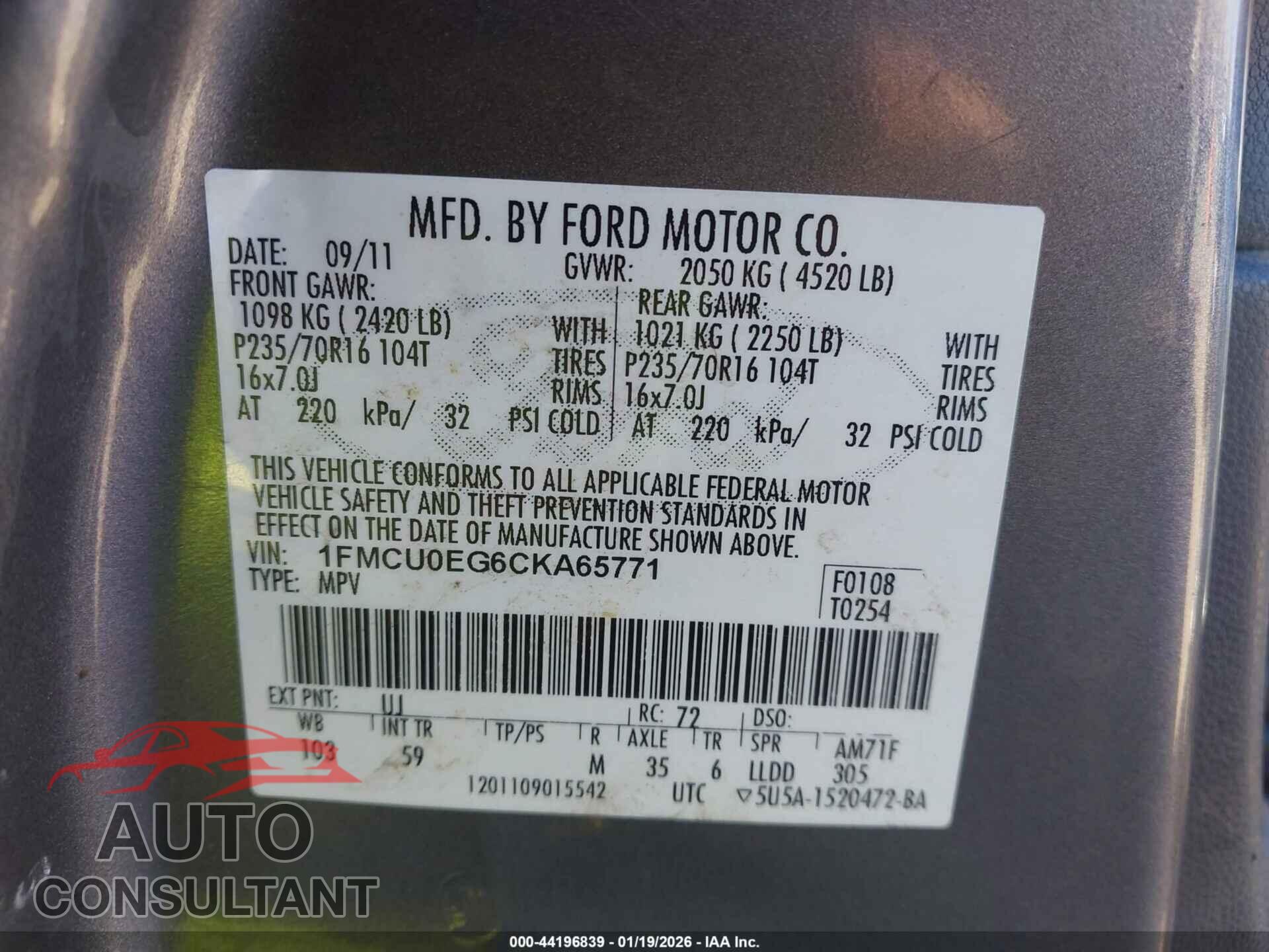 FORD ESCAPE 2012 - 1FMCU0EG6CKA65771
