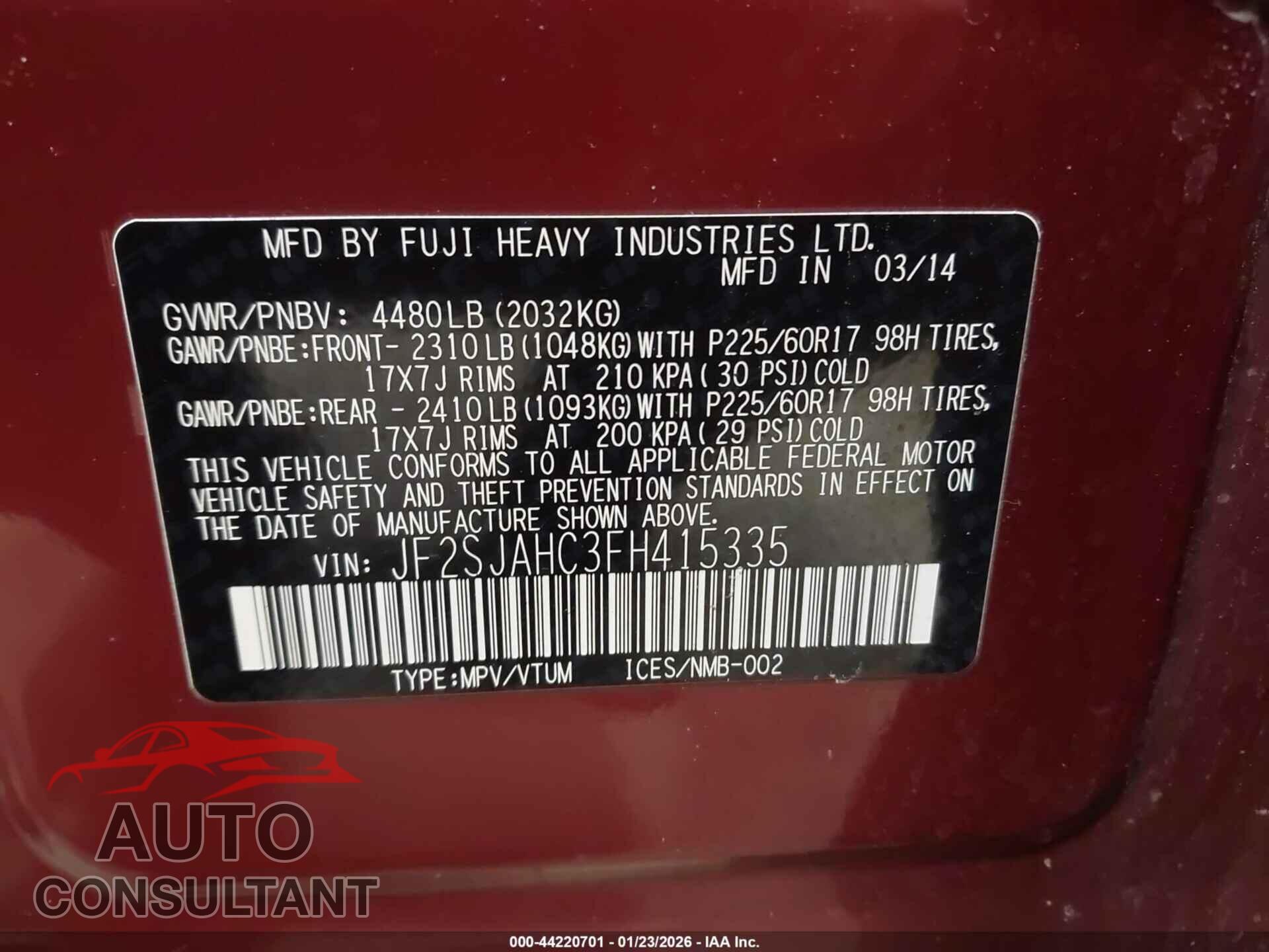SUBARU FORESTER 2015 - JF2SJAHC3FH415335