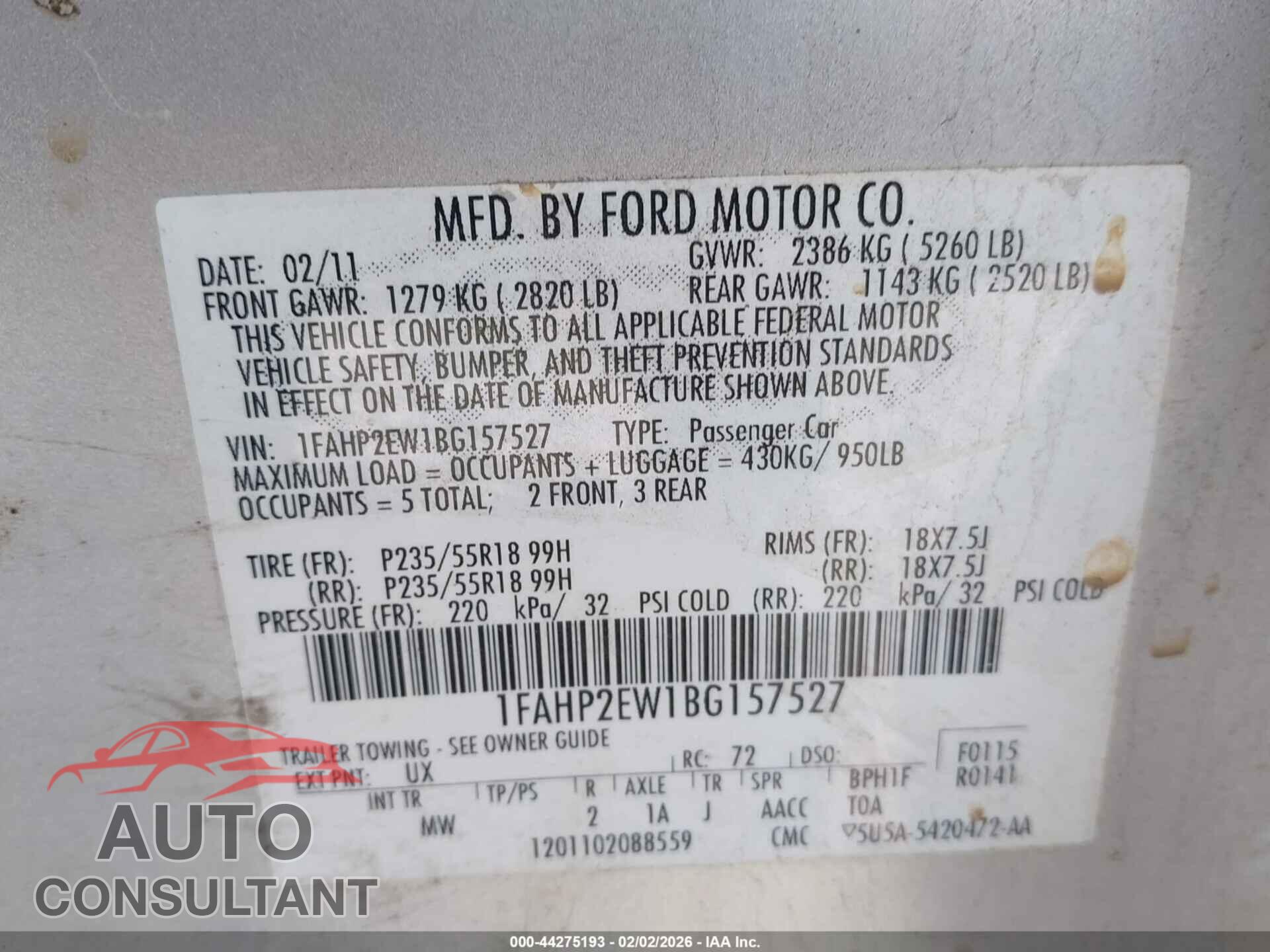 FORD TAURUS 2011 - 1FAHP2EW1BG157527