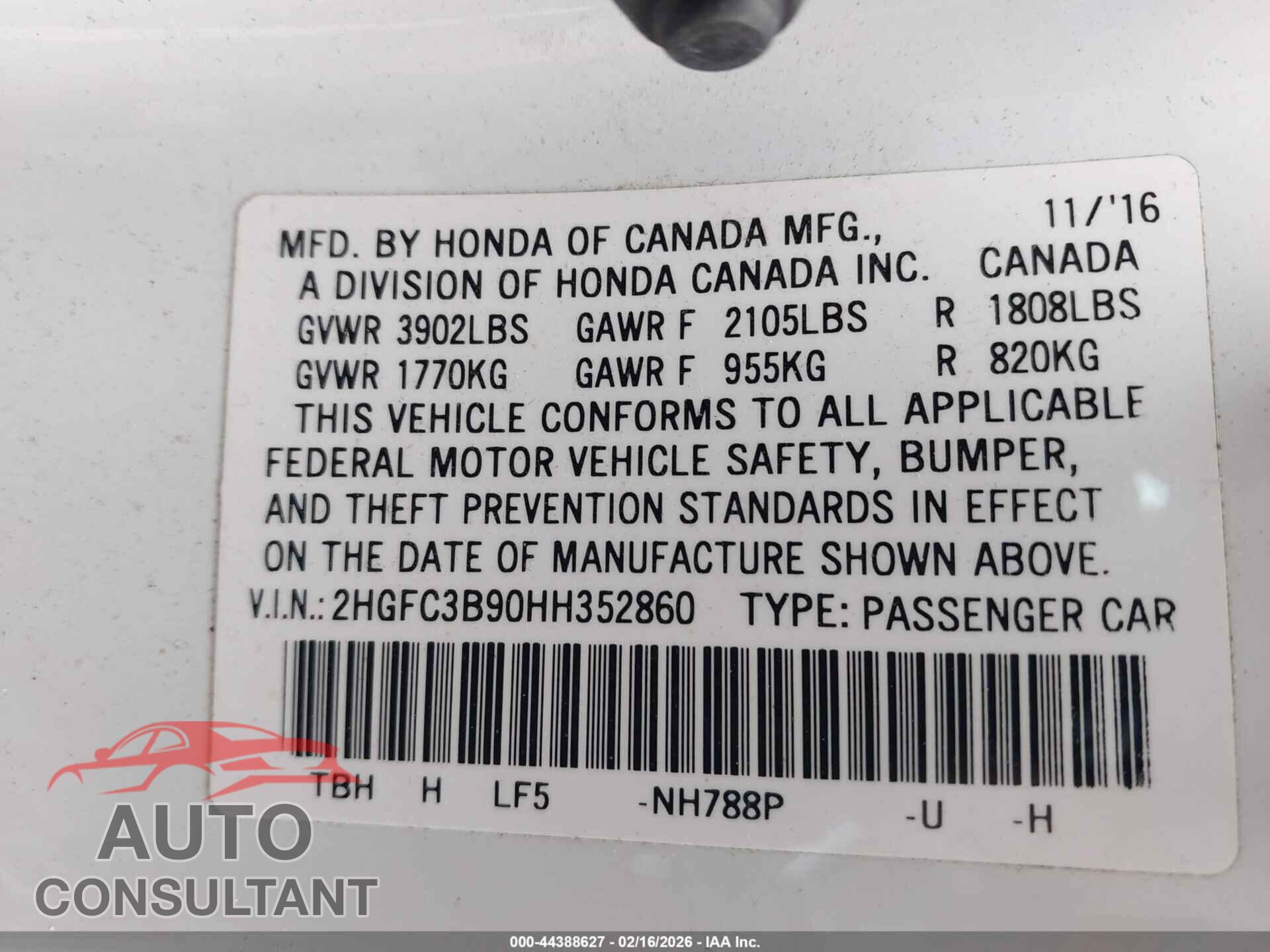 HONDA CIVIC 2017 - 2HGFC3B90HH352860