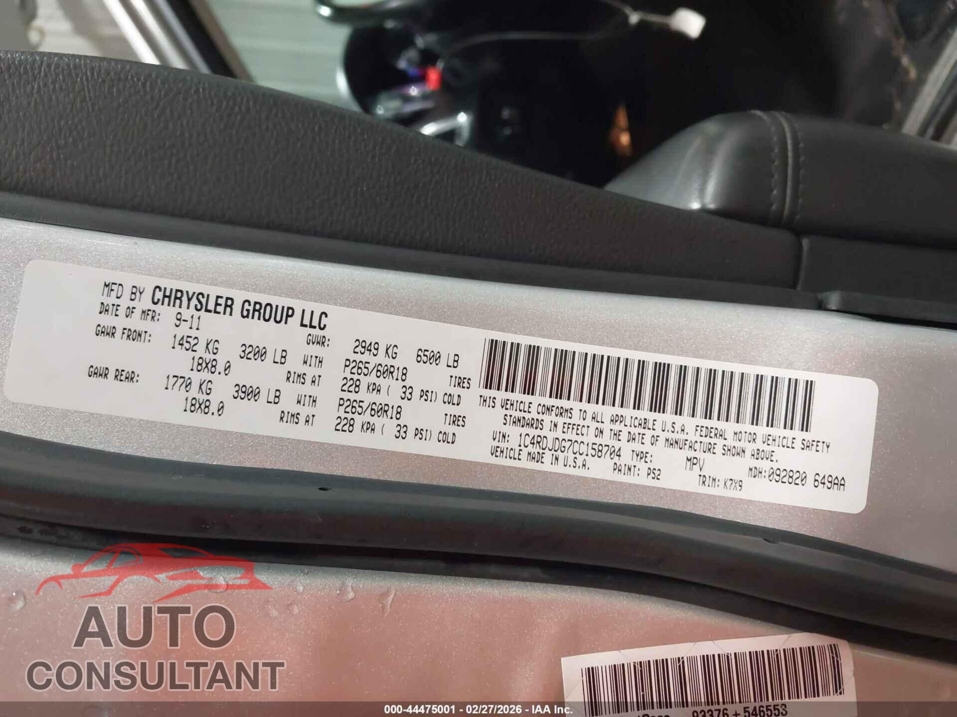 DODGE DURANGO 2012 - 1C4RDJDG7CC158704
