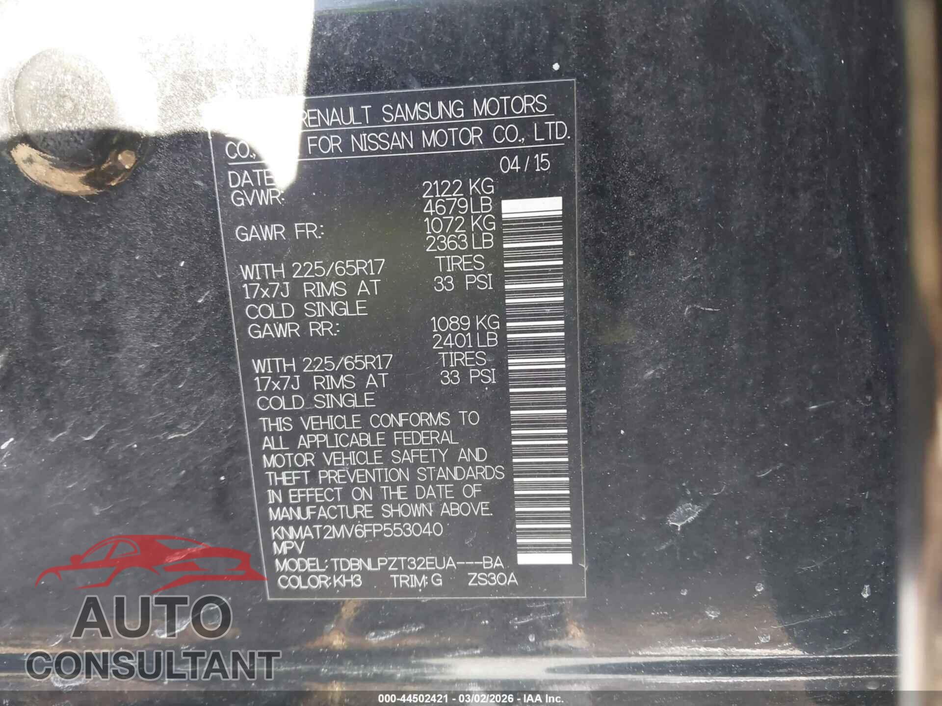 NISSAN ROGUE 2015 - KNMAT2MV6FP553040
