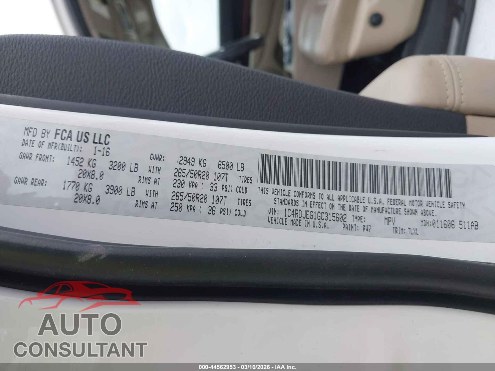 DODGE DURANGO 2016 - 1C4RDJEG1GC315602