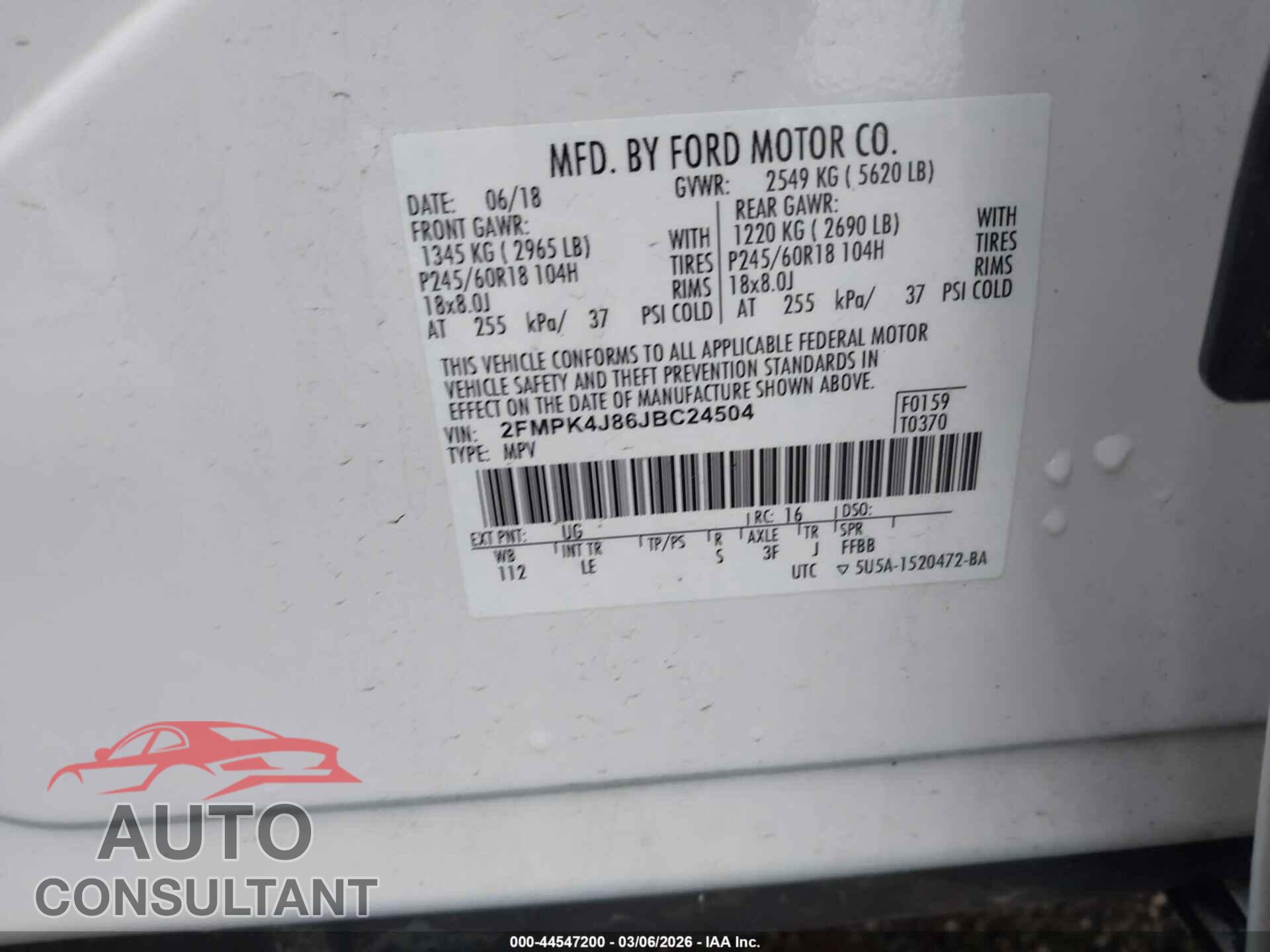 FORD EDGE 2018 - 2FMPK4J86JBC24504