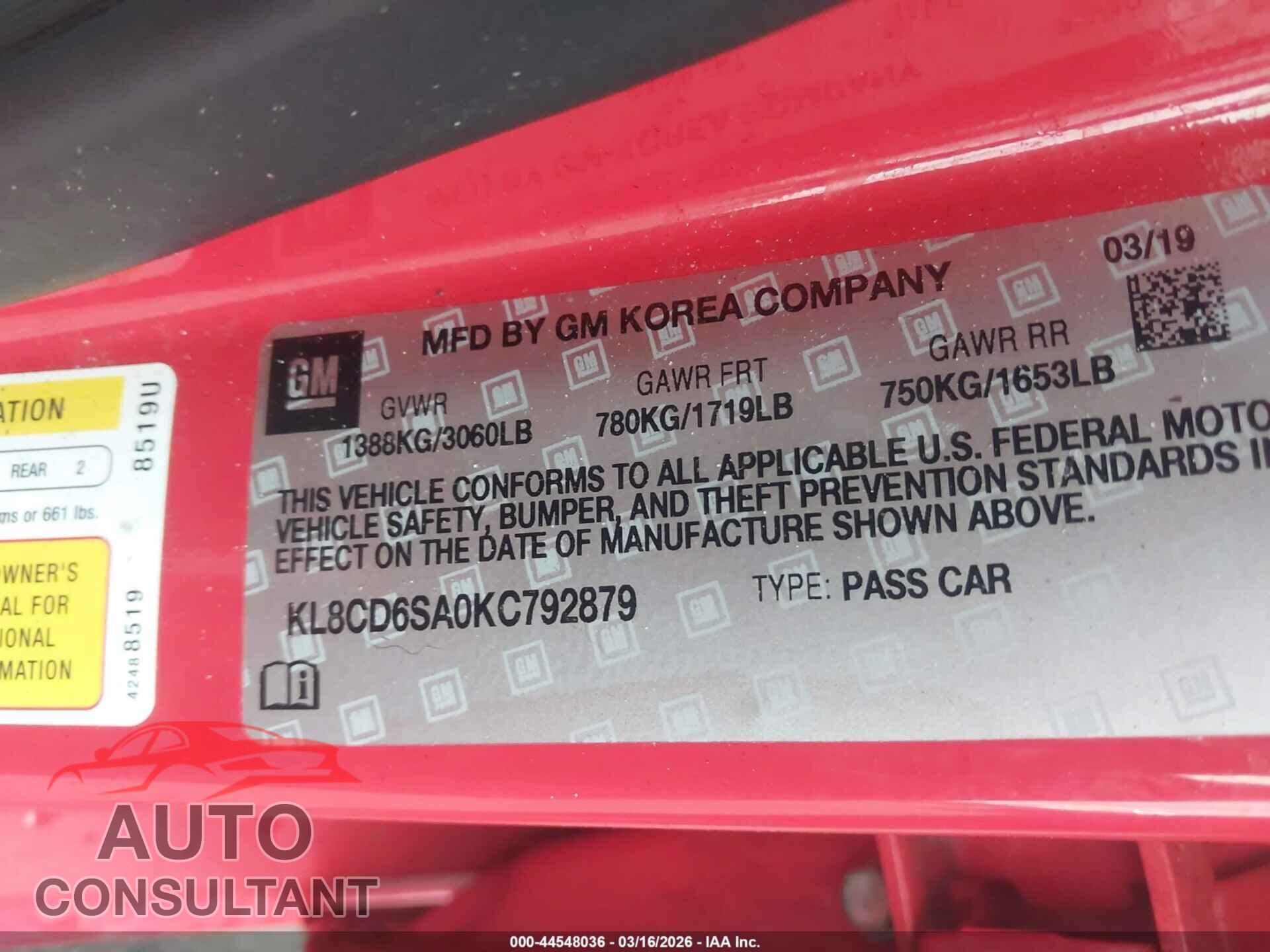 CHEVROLET SPARK 2019 - KL8CD6SA0KC792879