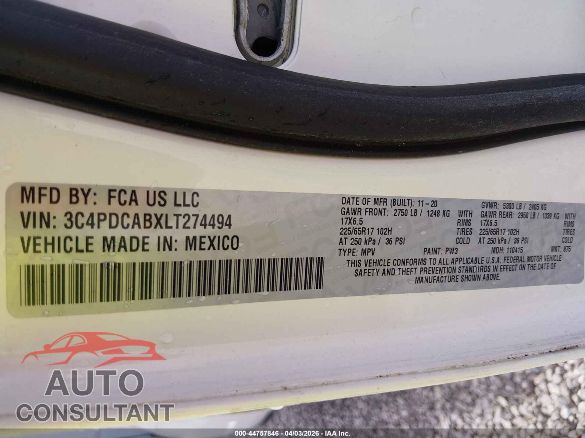 DODGE JOURNEY 2020 - 3C4PDCABXLT274494
