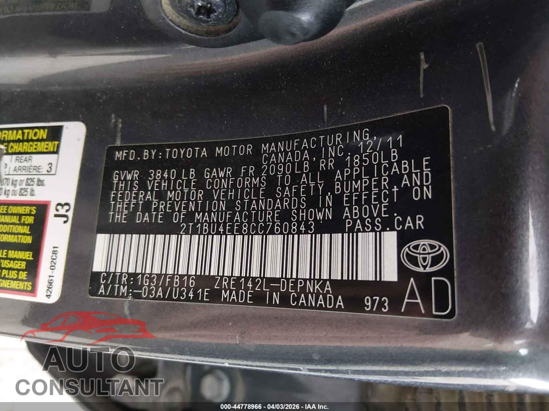 TOYOTA COROLLA 2012 - 2T1BU4EE8CC760843