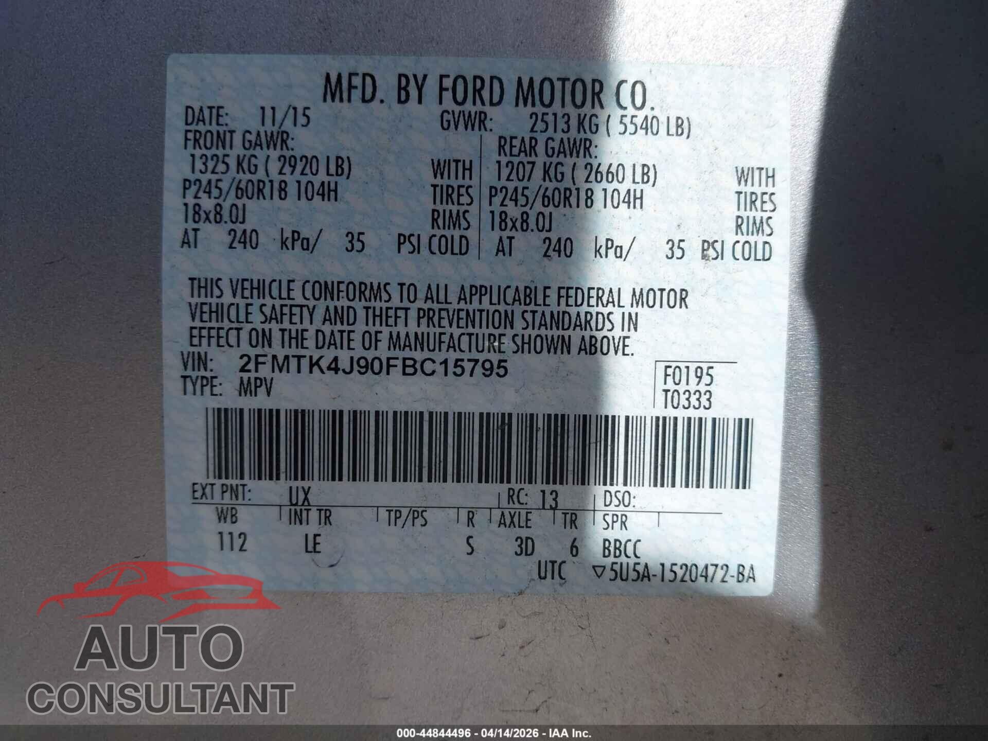 FORD EDGE 2015 - 2FMTK4J90FBC15795
