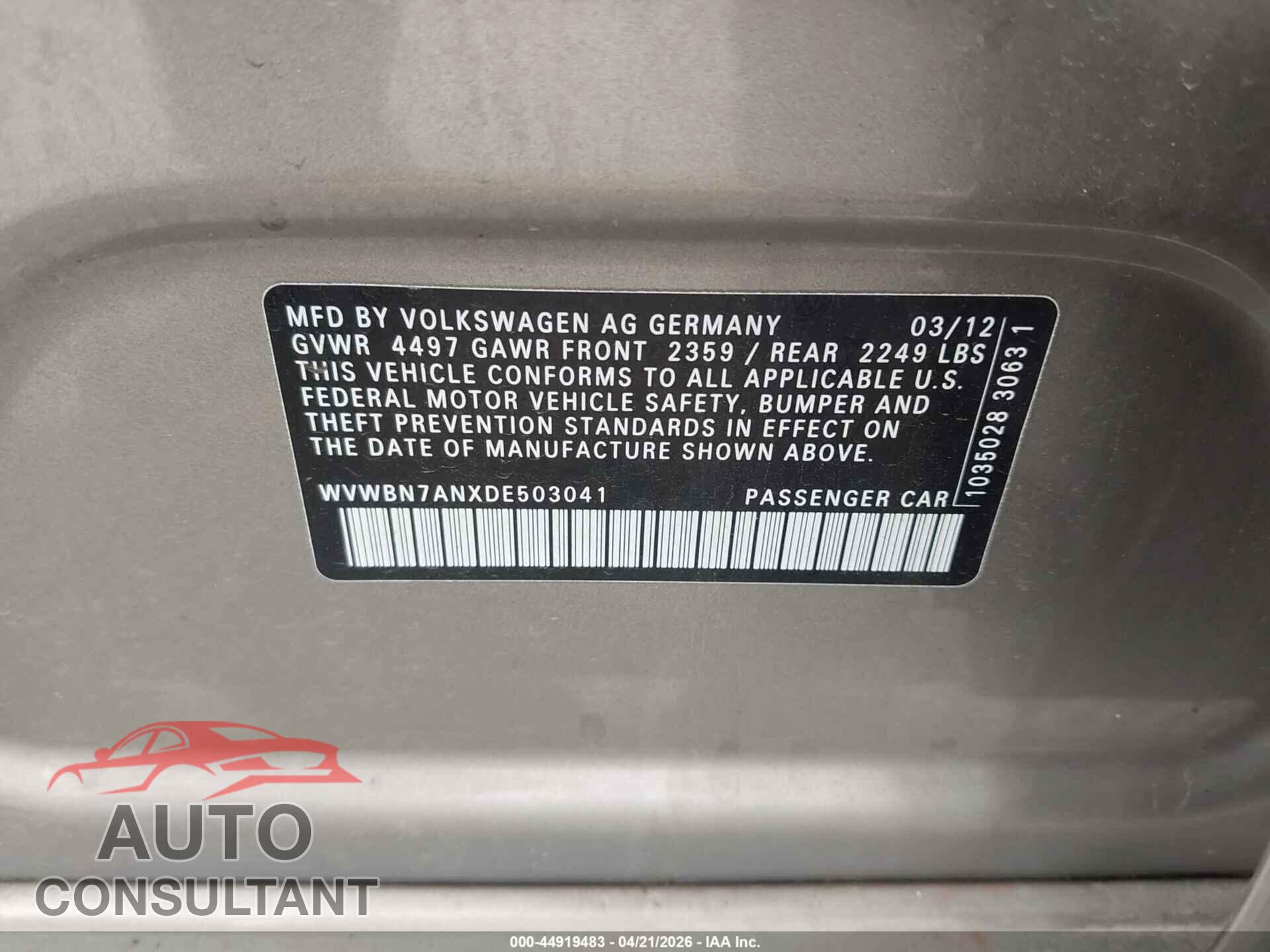 VOLKSWAGEN CC 2013 - WVWBN7ANXDE503041