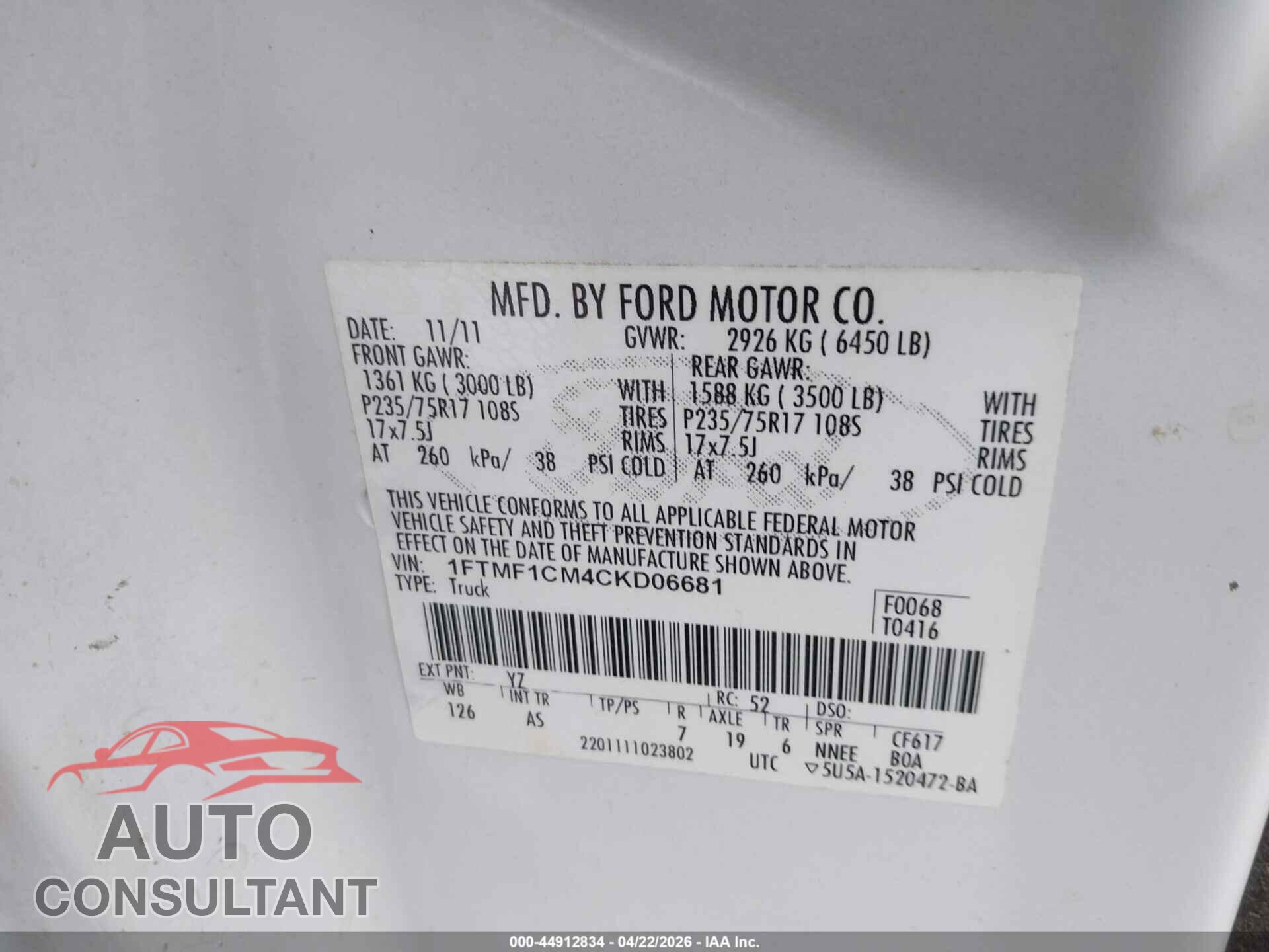 FORD F-150 2012 - 1FTMF1CM4CKD06681
