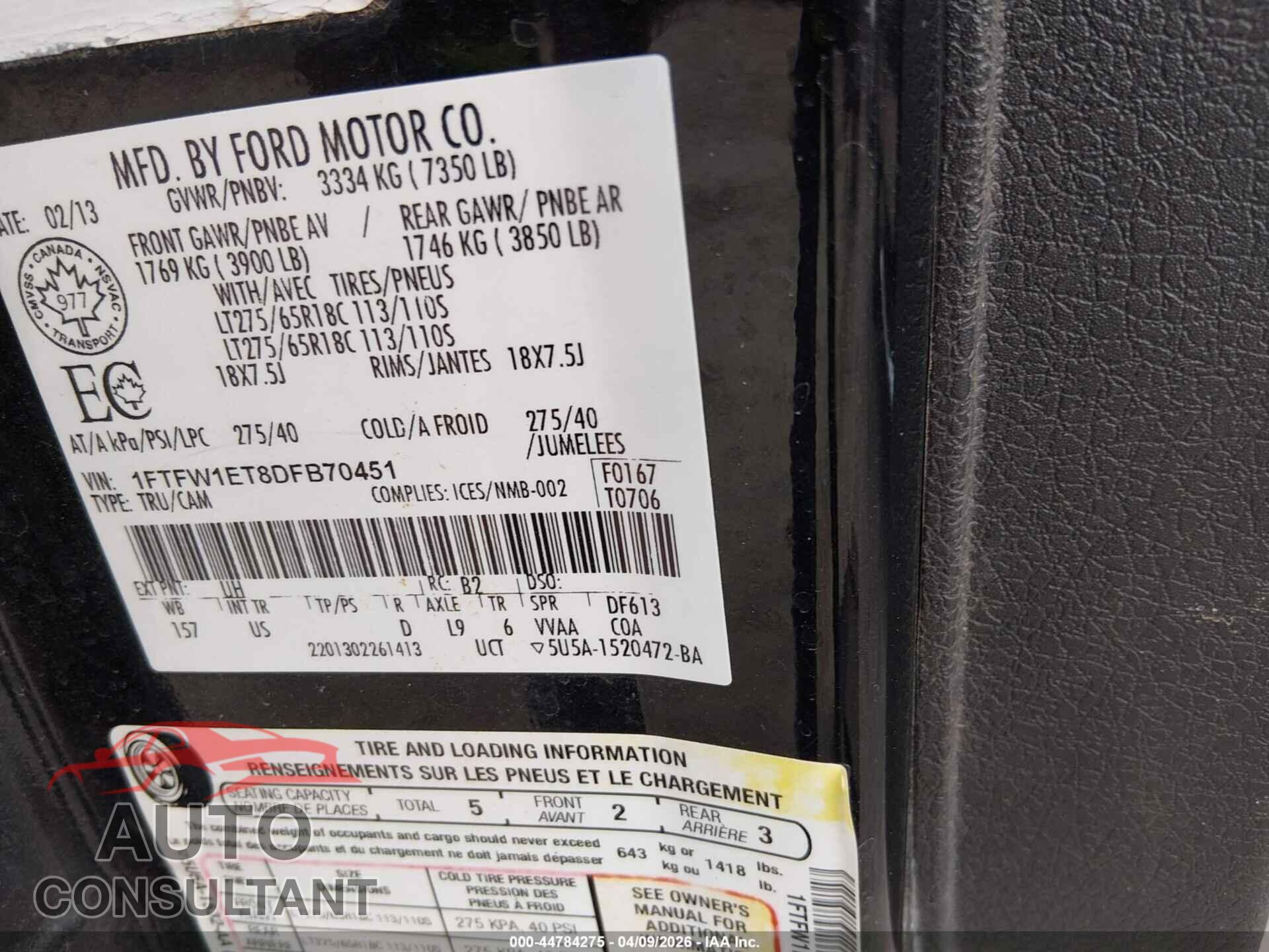 FORD F-150 2013 - 1FTFW1ET8DFB70451
