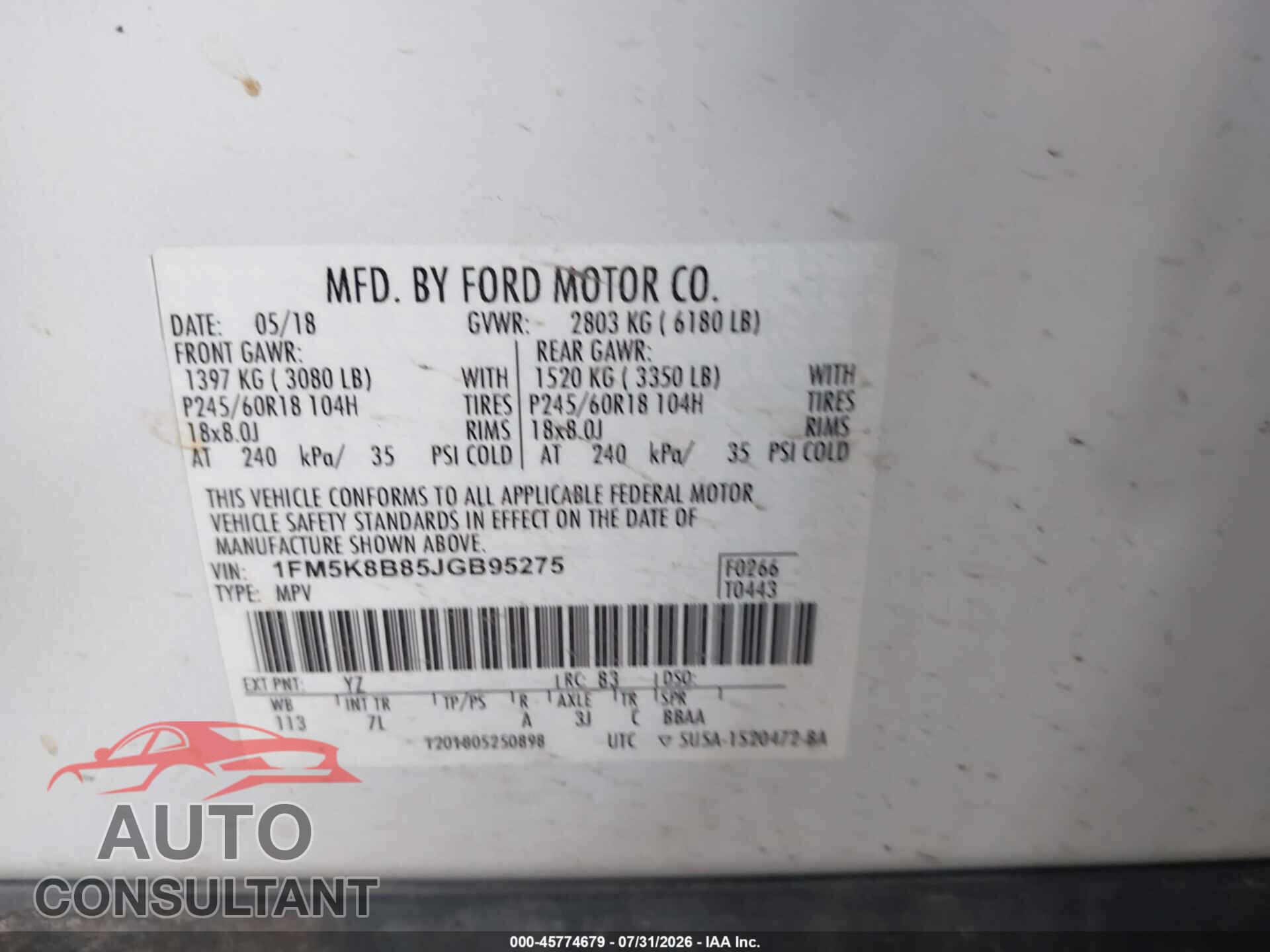 FORD EXPLORER 2018 - 1FM5K8B85JGB95275
