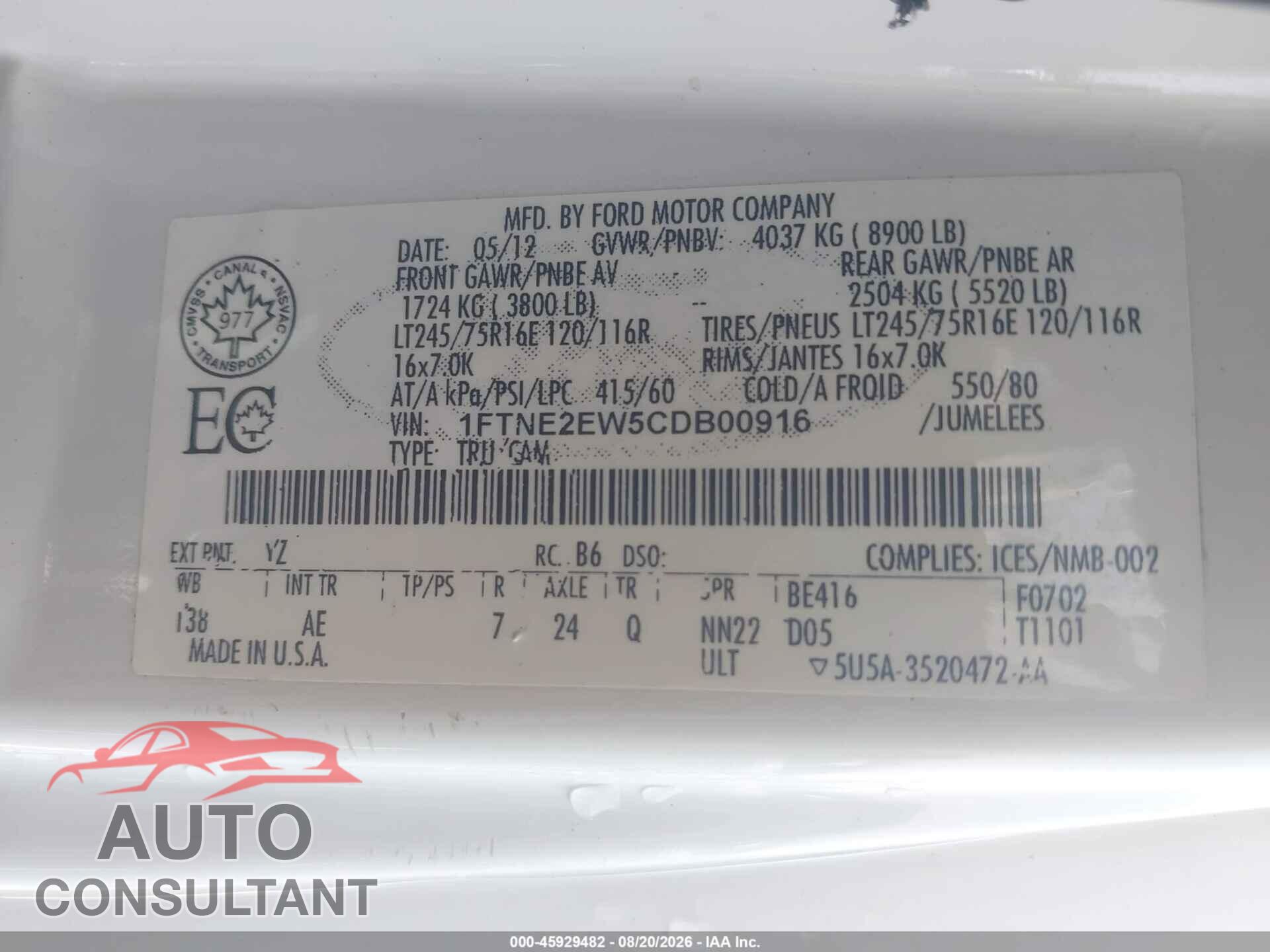 FORD E-250 2012 - 1FTNE2EW5CDB00916