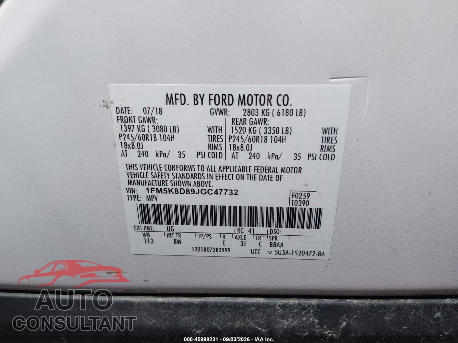 FORD EXPLORER 2018 - 1FM5K8D89JGC47732