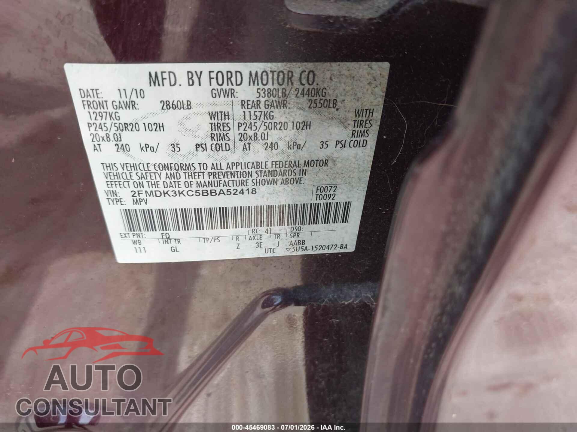 FORD EDGE 2011 - 2FMDK3KC5BBA52418