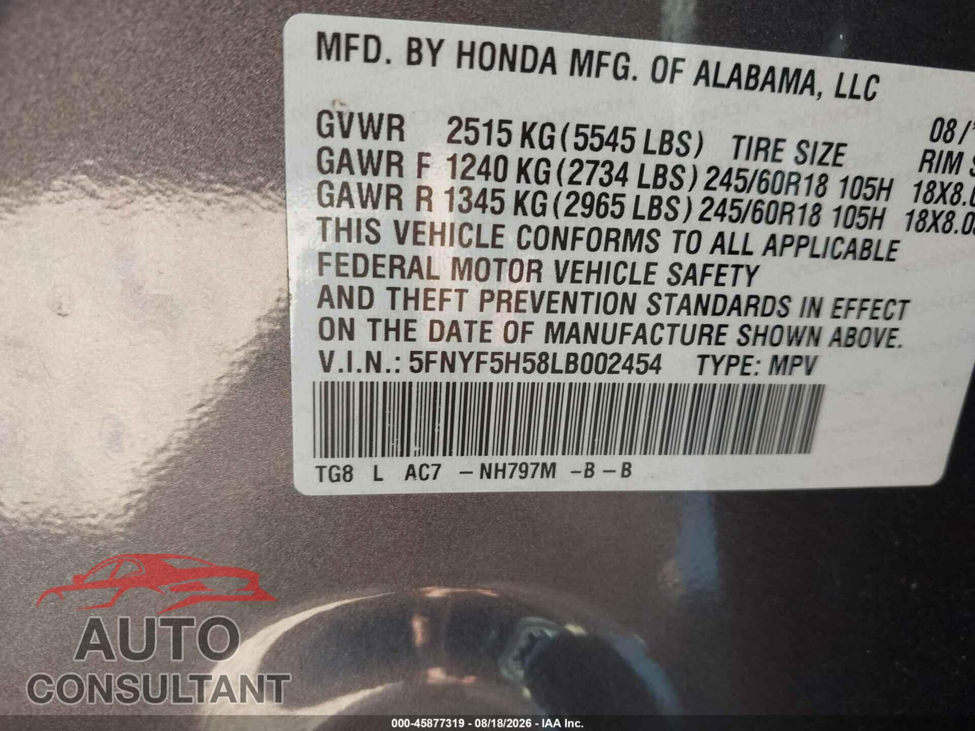 HONDA PILOT 2020 - 5FNYF5H58LB002454