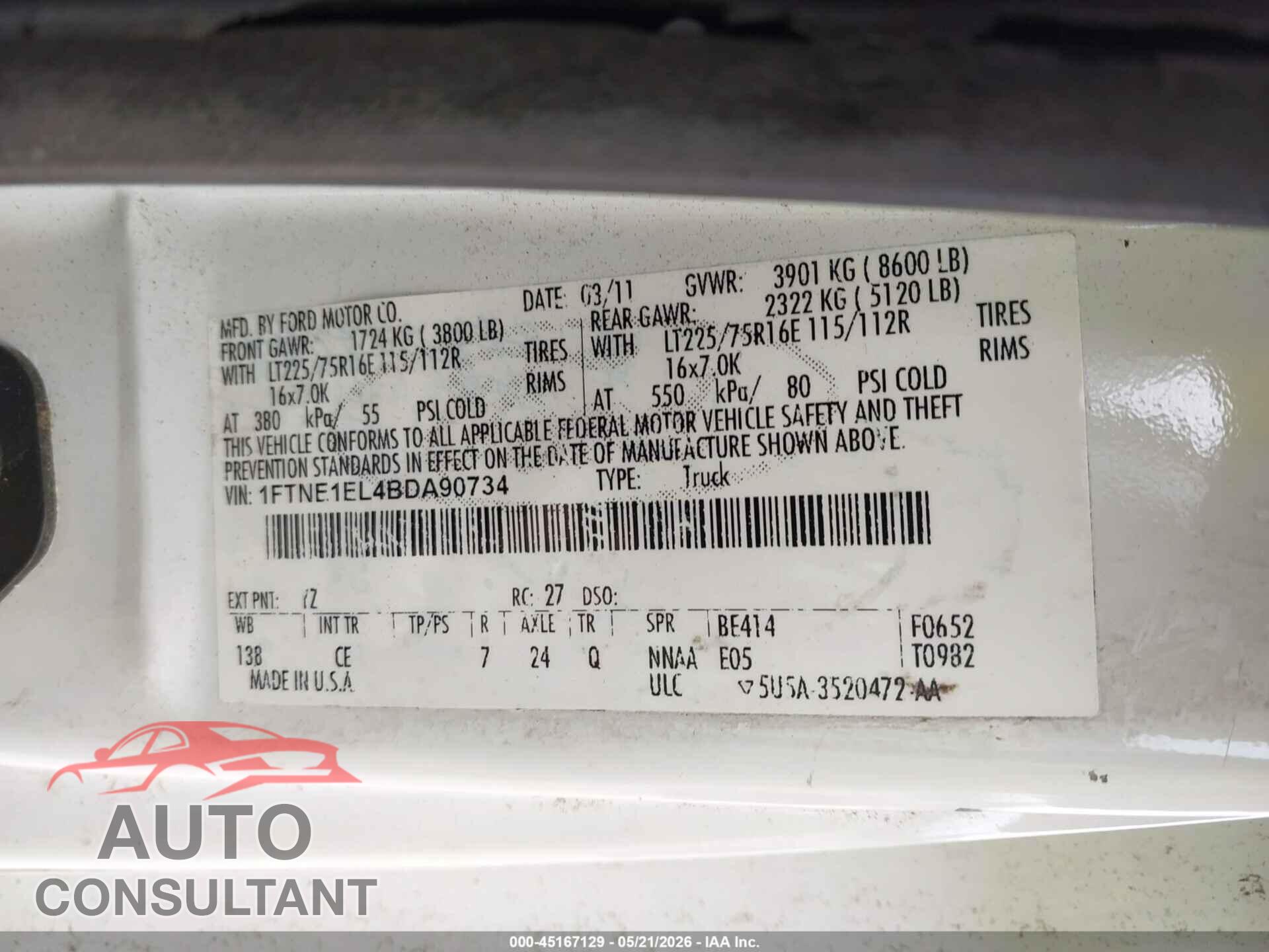 FORD E-150 2011 - 1FTNE1EL4BDA90734