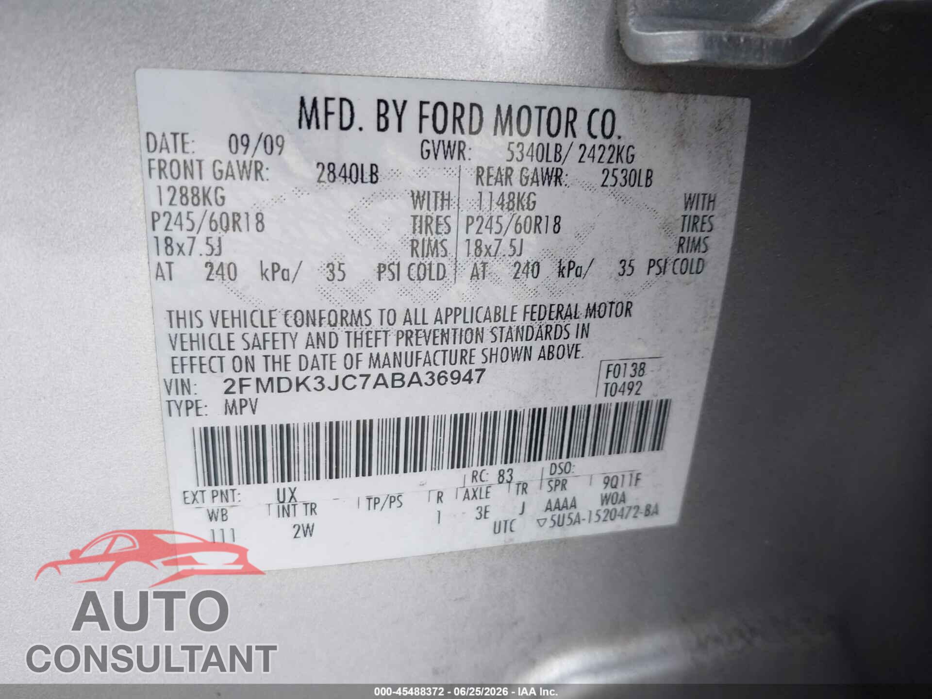 FORD EDGE 2010 - 2FMDK3JC7ABA36947
