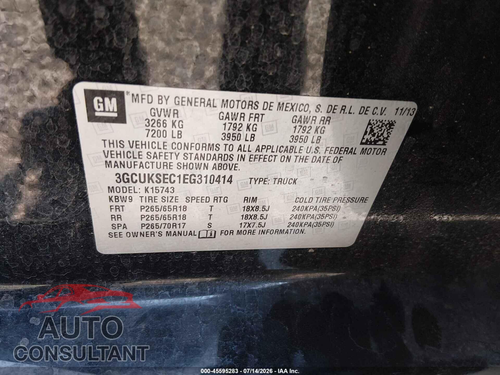 CHEVROLET SILVERADO 1500 2014 - 3GCUKSEC1EG310414