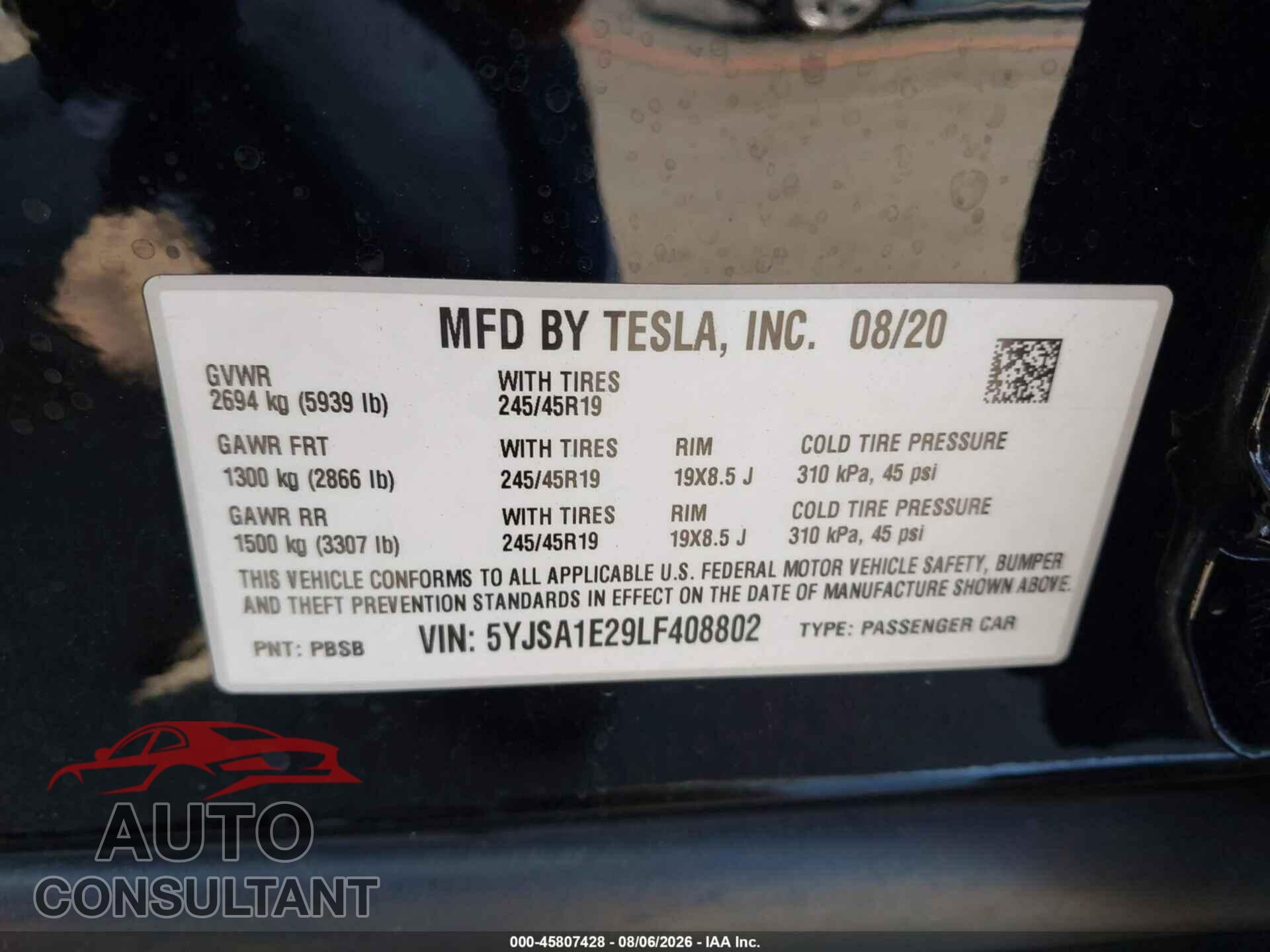 TESLA MODEL S 2020 - 5YJSA1E29LF408802