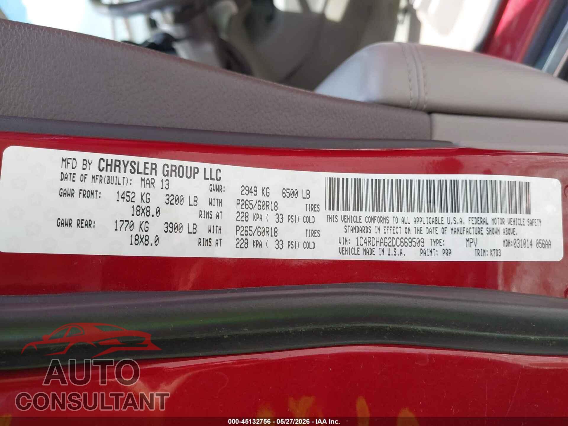 DODGE DURANGO 2013 - 1C4RDHAG2DC669509