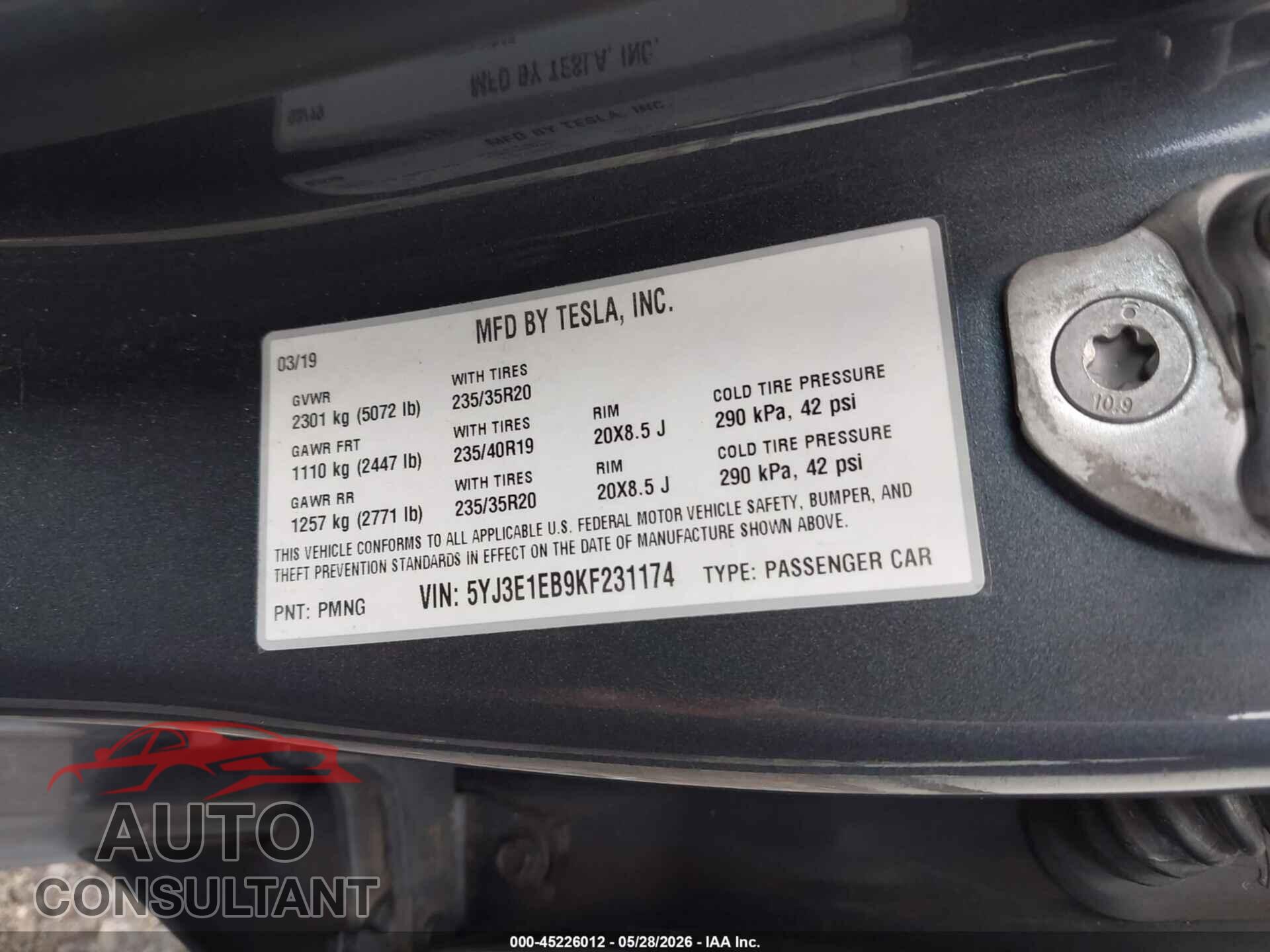 TESLA MODEL 3 2019 - 5YJ3E1EB9KF231174