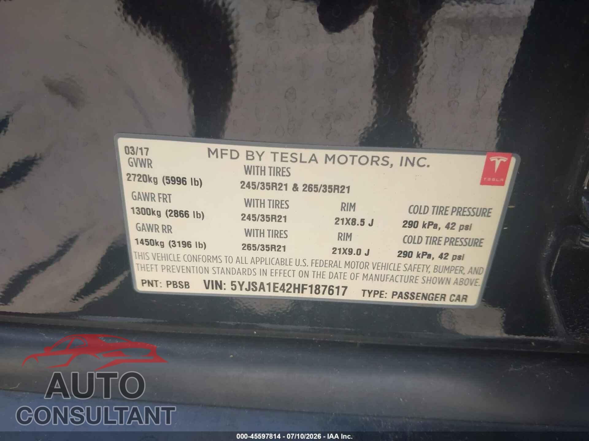 TESLA MODEL S 2017 - 5YJSA1E42HF187617
