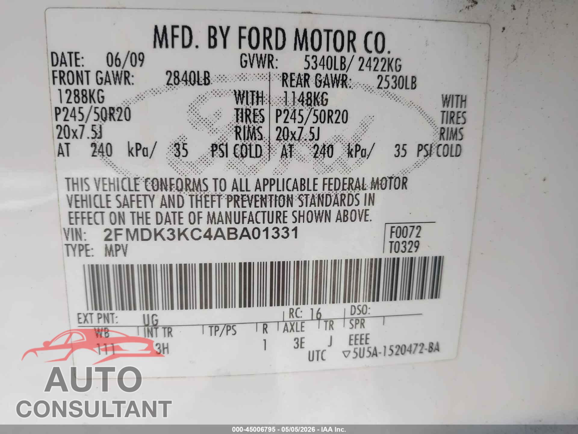 FORD EDGE 2010 - 2FMDK3KC4ABA01331
