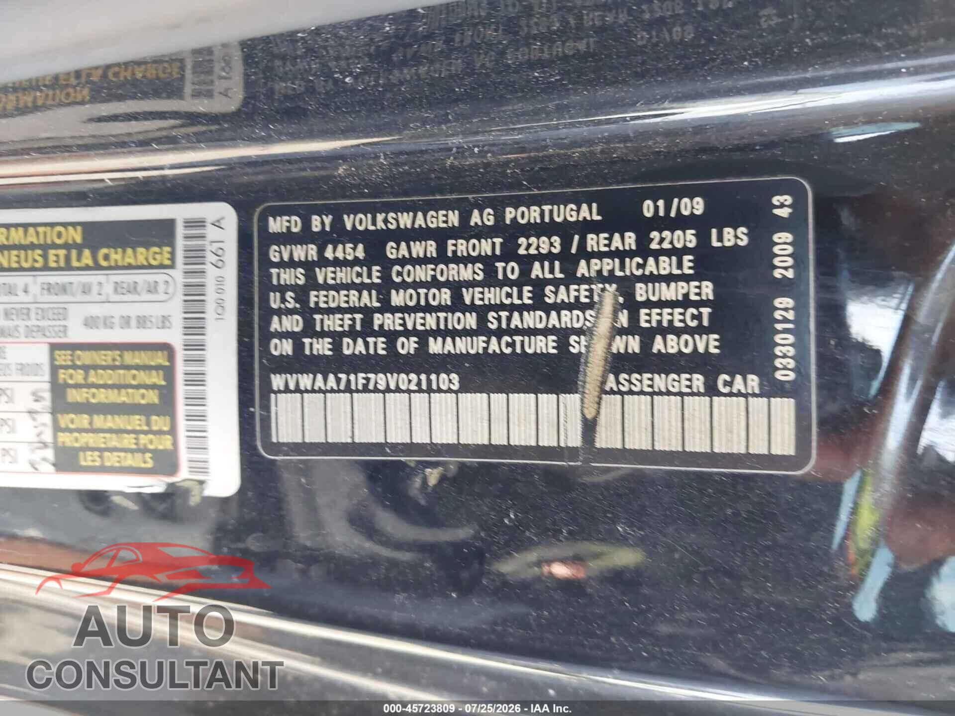 VOLKSWAGEN EOS 2009 - WVWAA71F79V021103